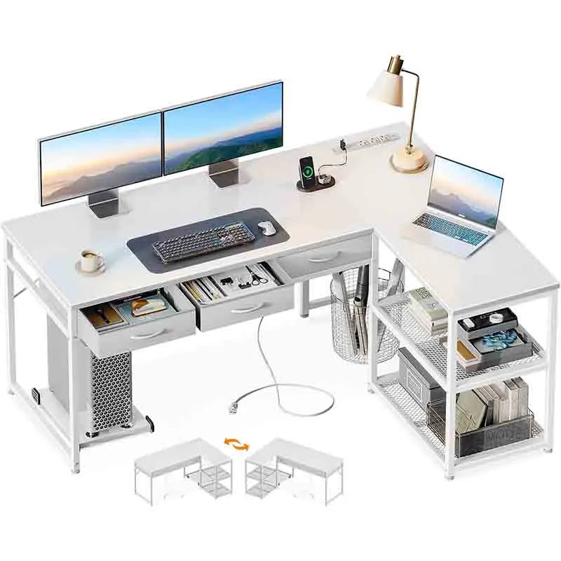 Yoobure 53 Inch L Shaped Computer Desk with Drawers, Corner Desk with Power Outlets &amp; Reversible Storage Shelves