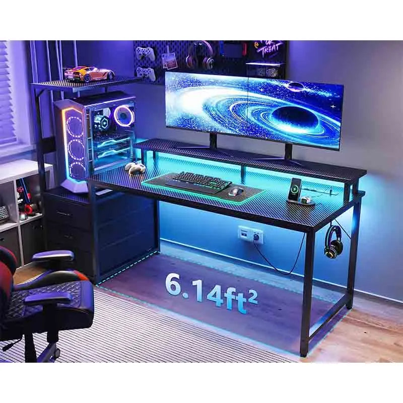 Yoobure 59 Inch Gaming Desk with USB Charging Ports &amp; LED Light- Reversible Computer Desk with Storage Shelves &amp; Monitor Stand