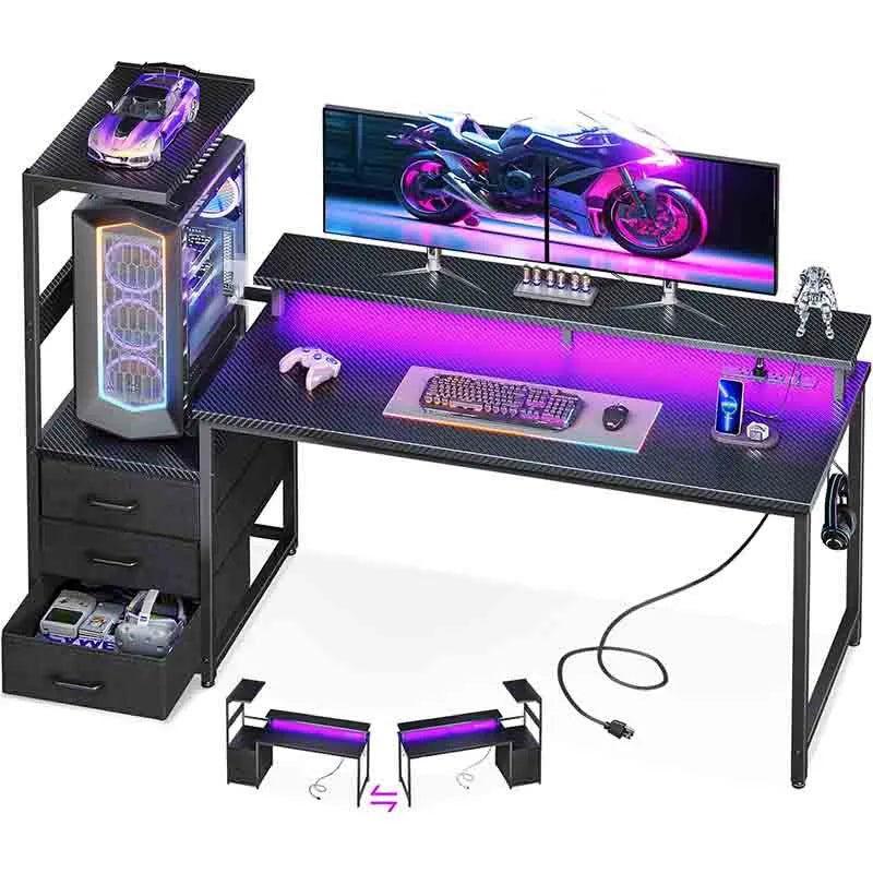 Yoobure 59 Inch Gaming Desk with USB Charging Ports &amp; LED Light- Reversible Computer Desk with Storage Shelves &amp; Monitor Stand