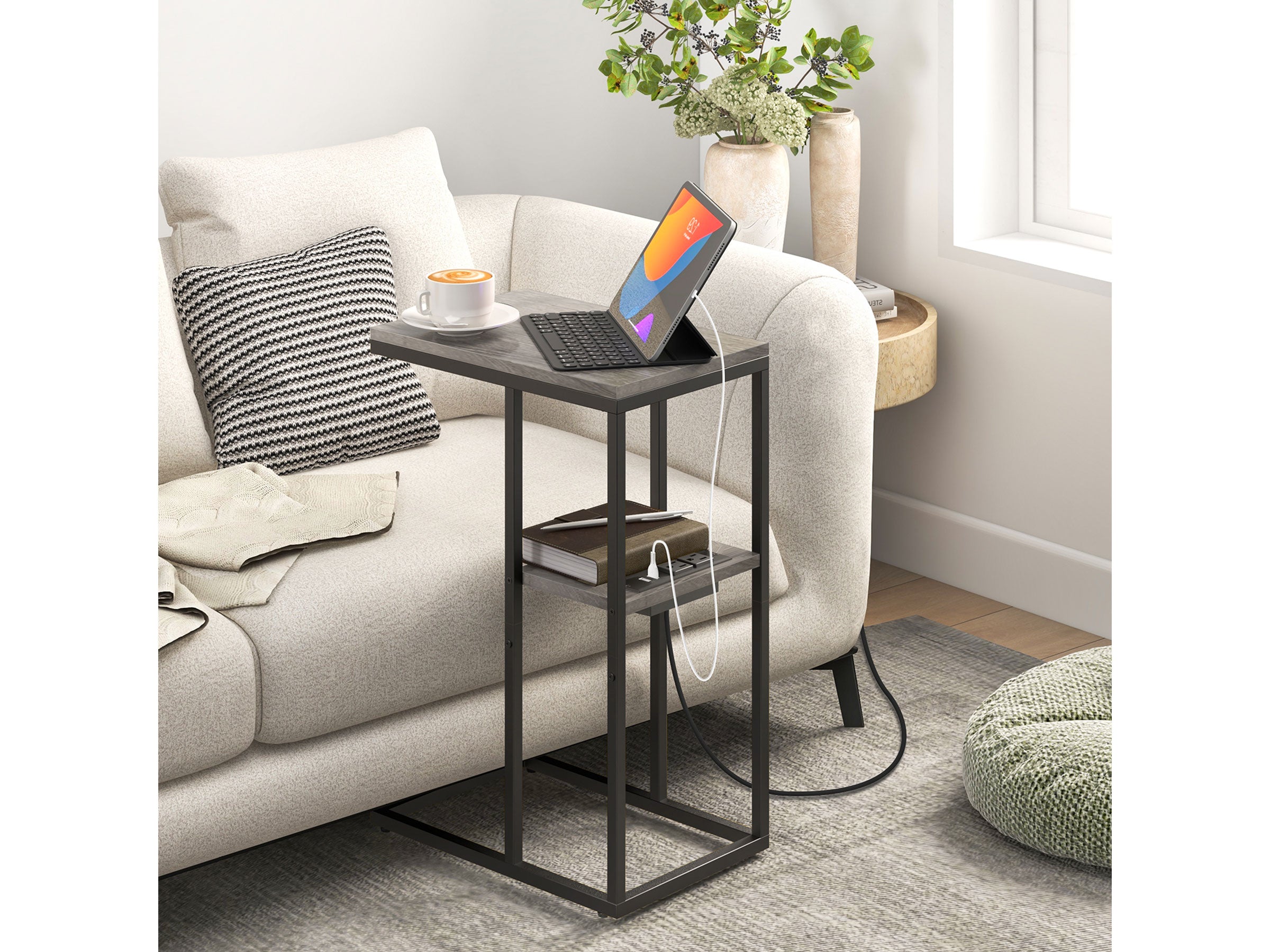 light grey Yoobure C Shaped End Table with Charging Station