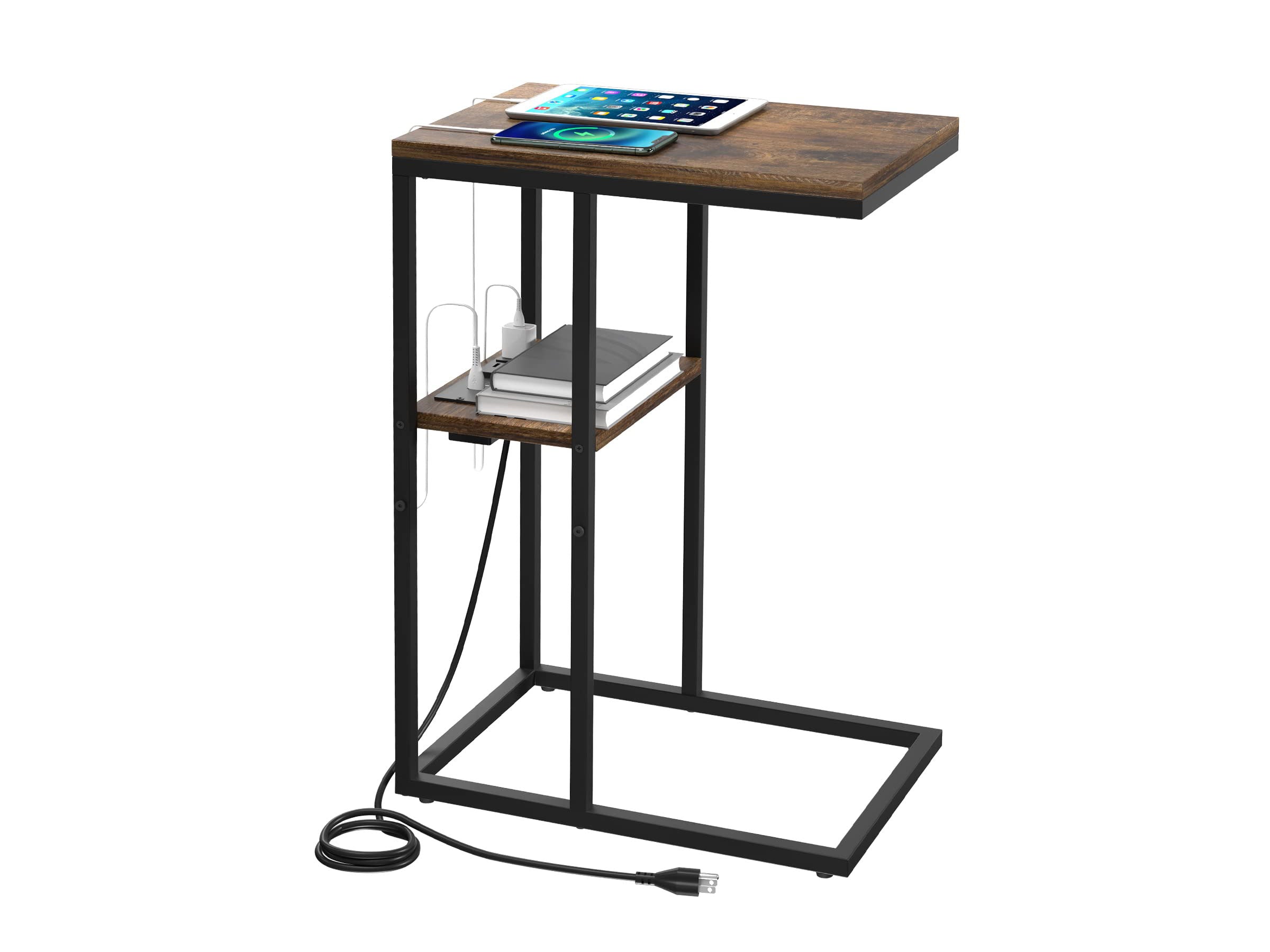 Dark brown Yoobure C Shaped End Table with Charging Station