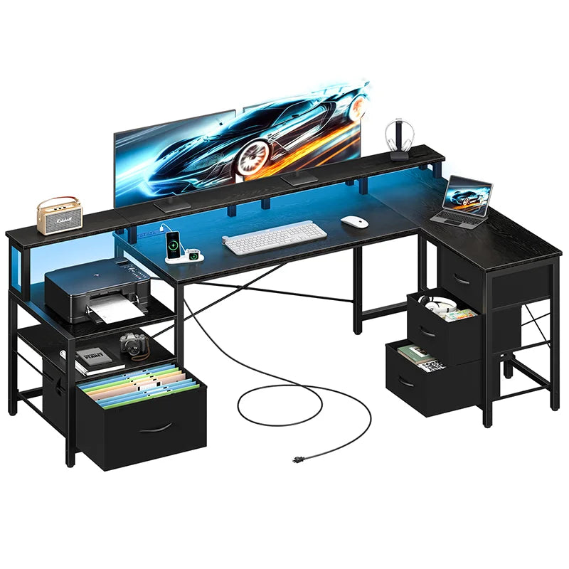 Yoobure 75 Inch Reversible Computer Desk with Storage File Cabinet &amp; Printer Stand