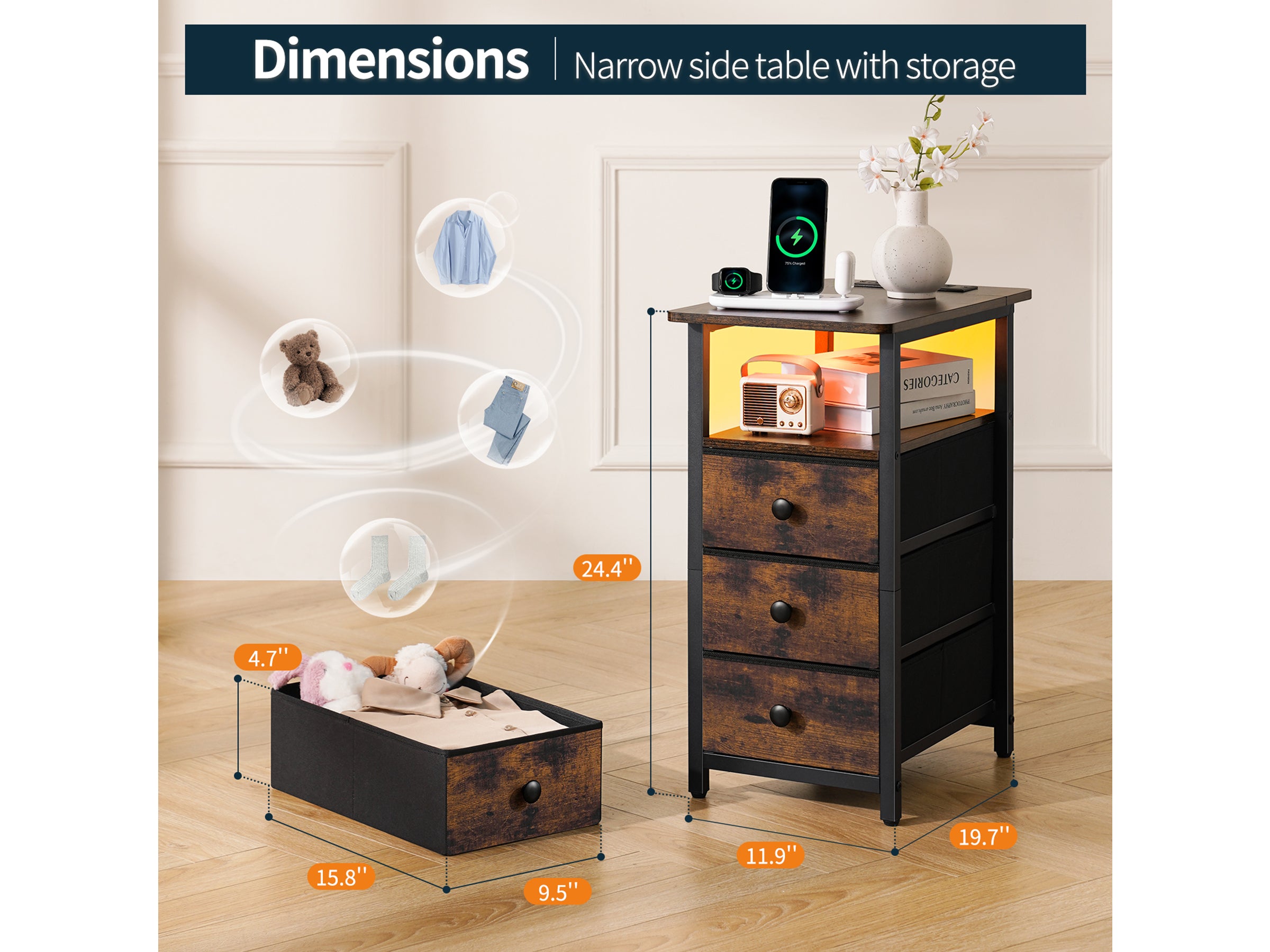 Brown Yoobure 3-Drawer Narrow End Table with Charging Station