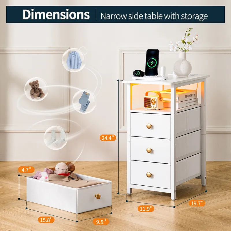 Yoobure 3-Drawer Narrow End Table with Charging Station