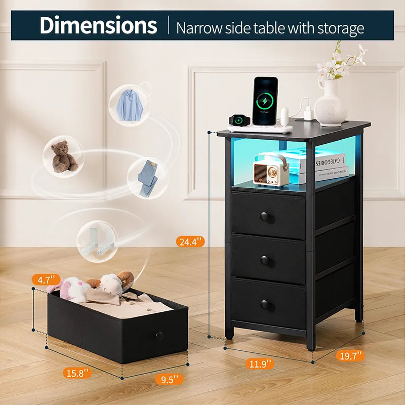 Yoobure 3-Drawer Narrow End Table with Charging Station