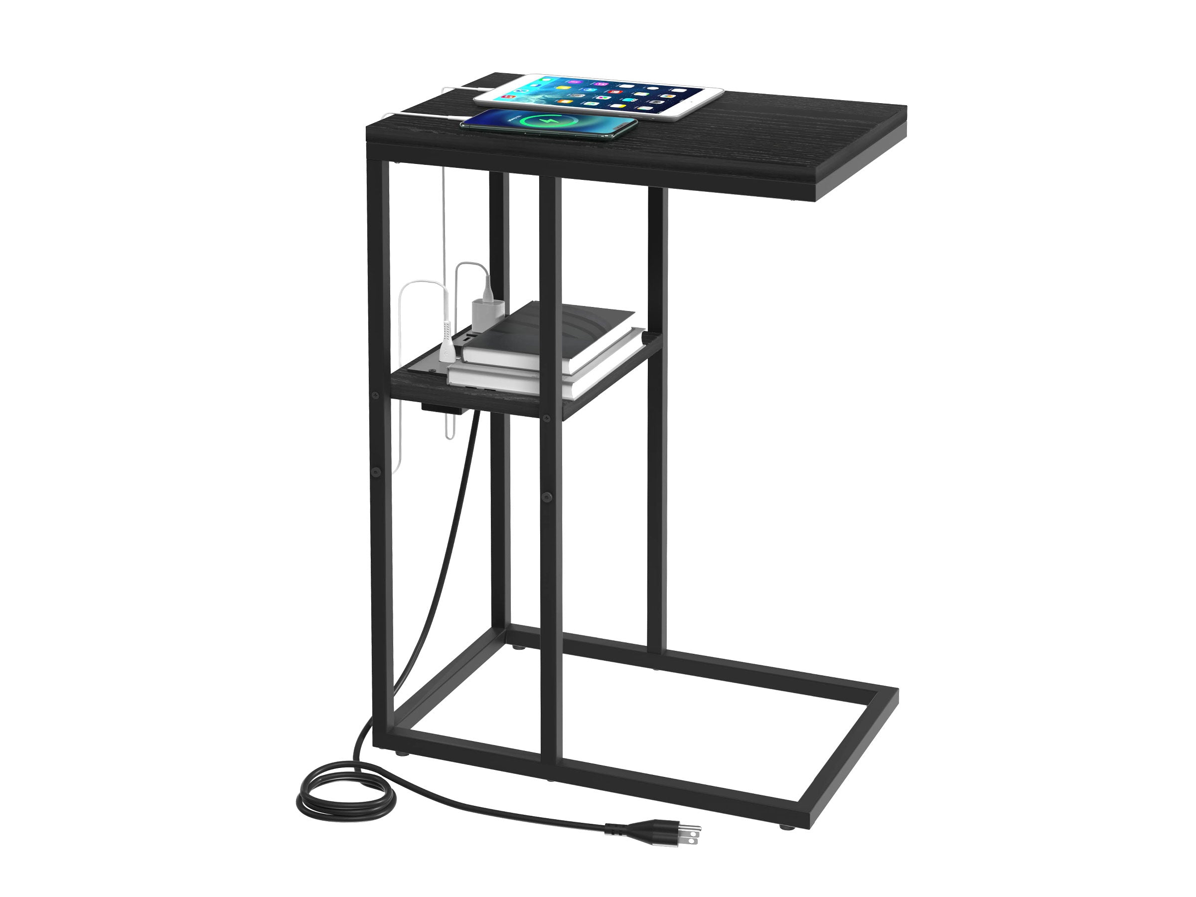 Black Yoobure C Shaped End Table with Charging Station