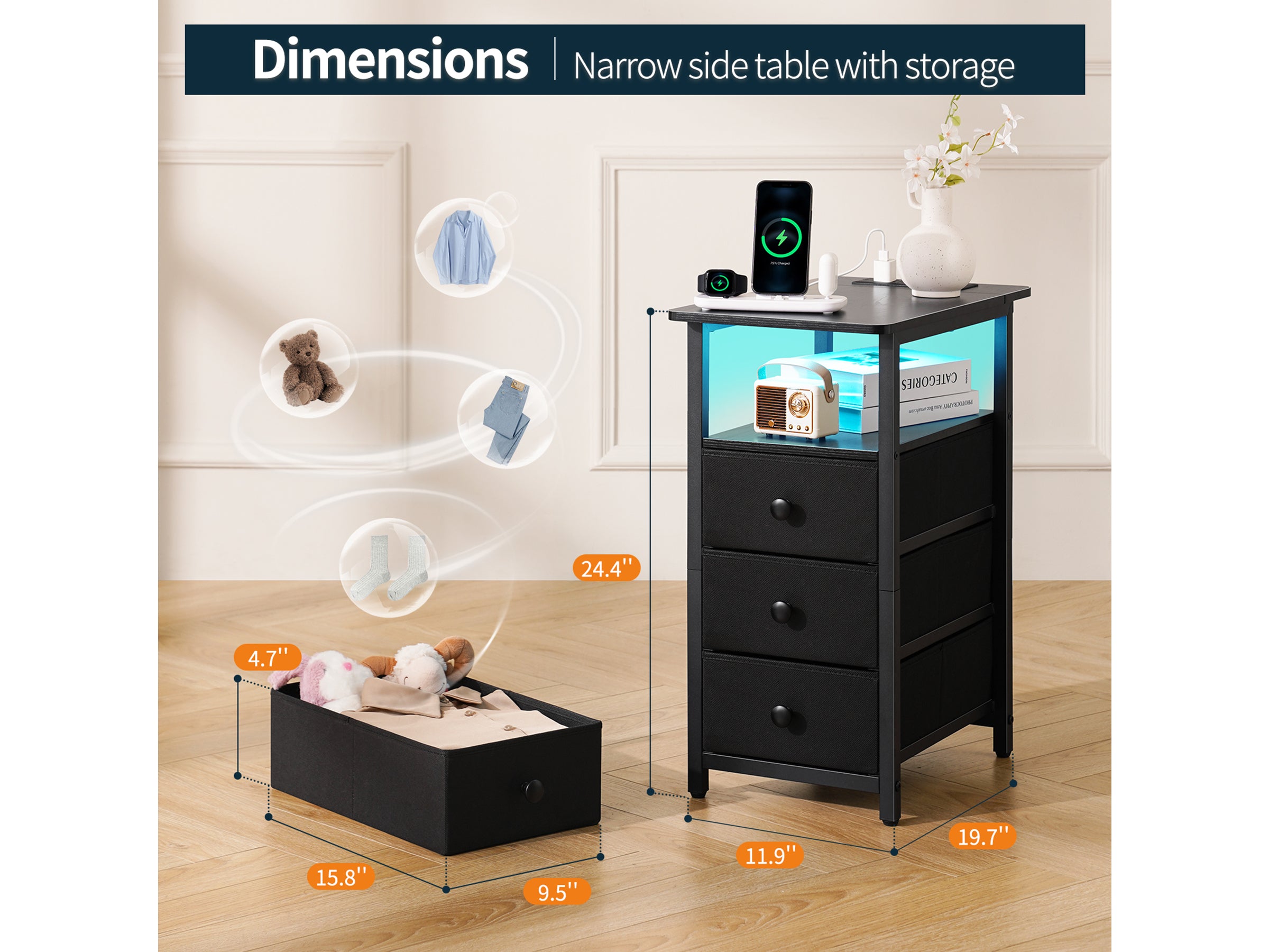 Black Yoobure 3-Drawer Narrow End Table with Charging Station