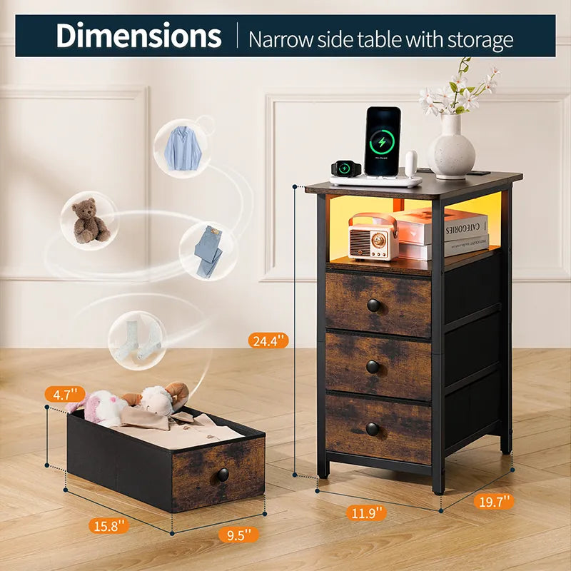 Yoobure 3-Drawer Narrow End Table with Charging Station