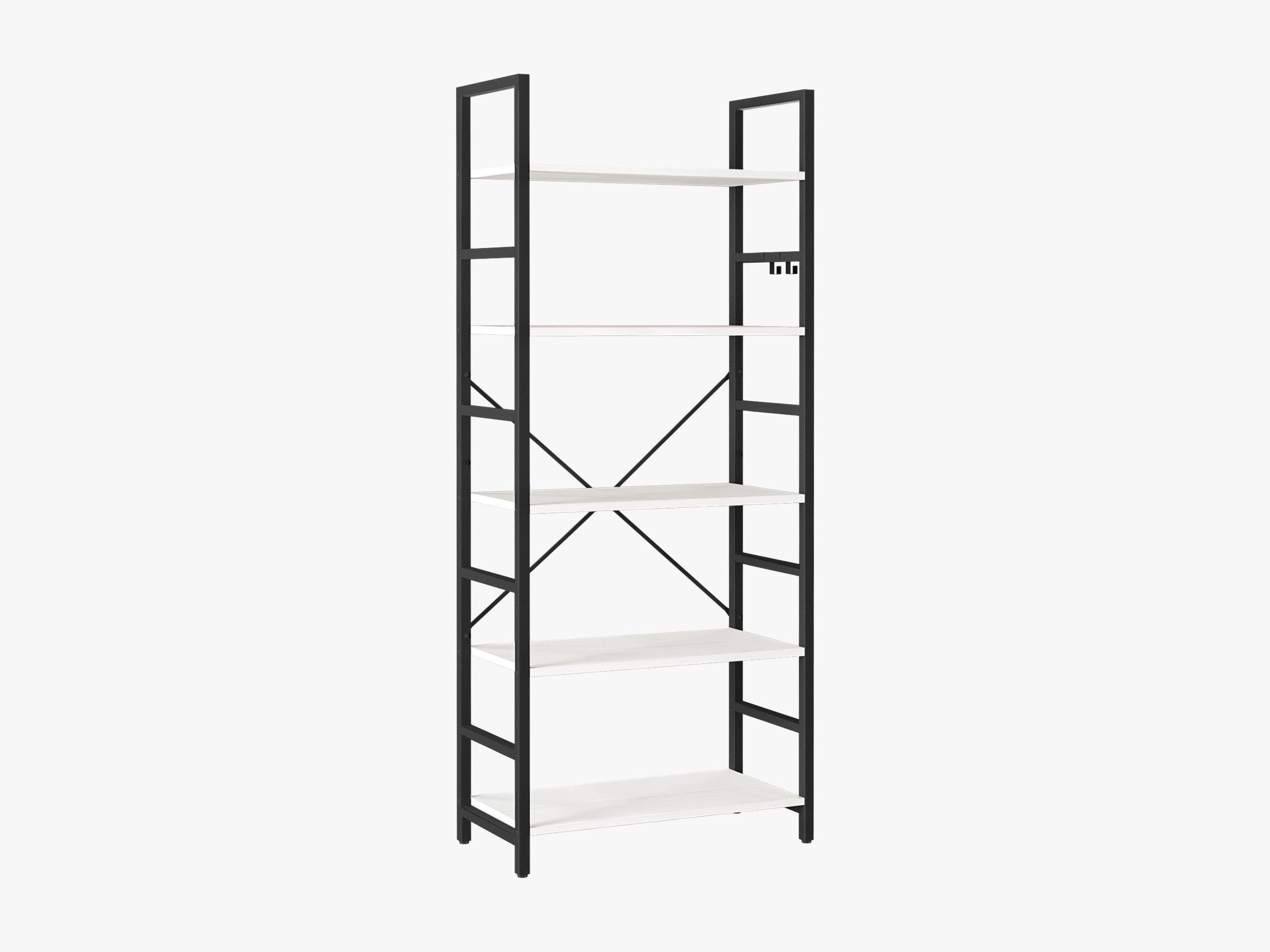 White Yoobure 5-Tier Tall Bookshelf, built with durable wood and a sturdy metal frame