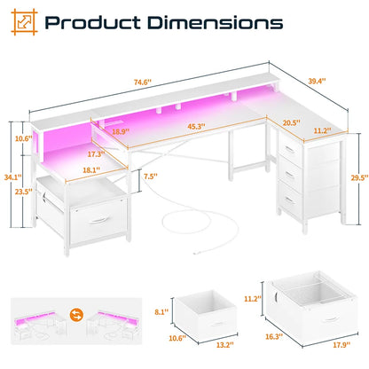 Yoobure 75 Inch Reversible Computer Desk with Storage File Cabinet &amp; Printer Stand