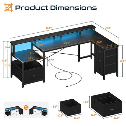 Yoobure 75 Inch Reversible Computer Desk with Storage File Cabinet &amp; Printer Stand