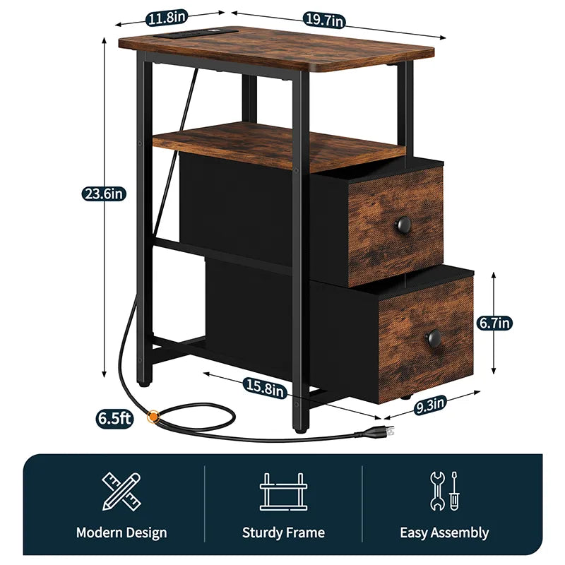 Yoobure 2-Drawer Narrow End Table with Charging Station