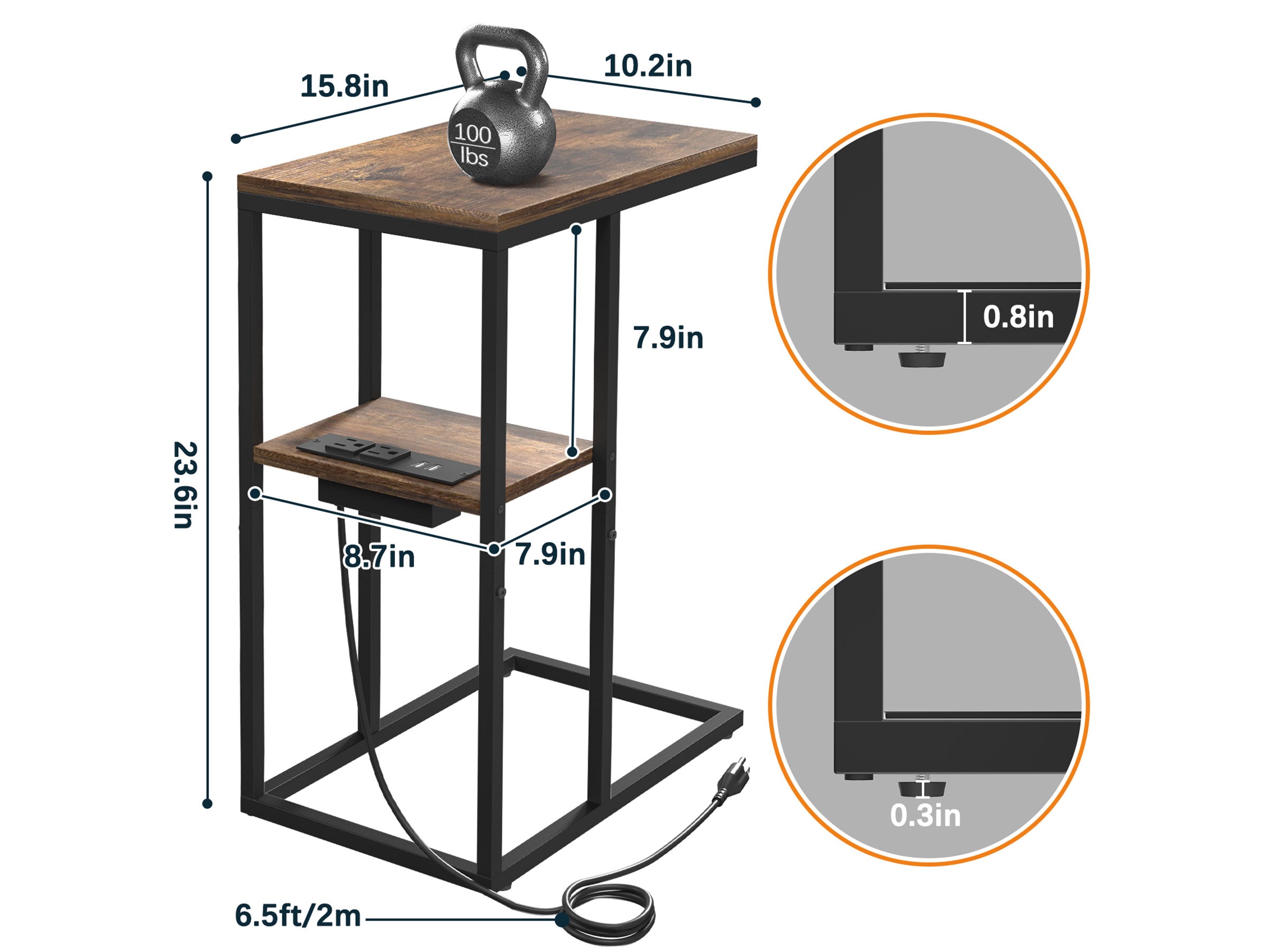 Dark brown Yoobure C Shaped End Table with Charging Station