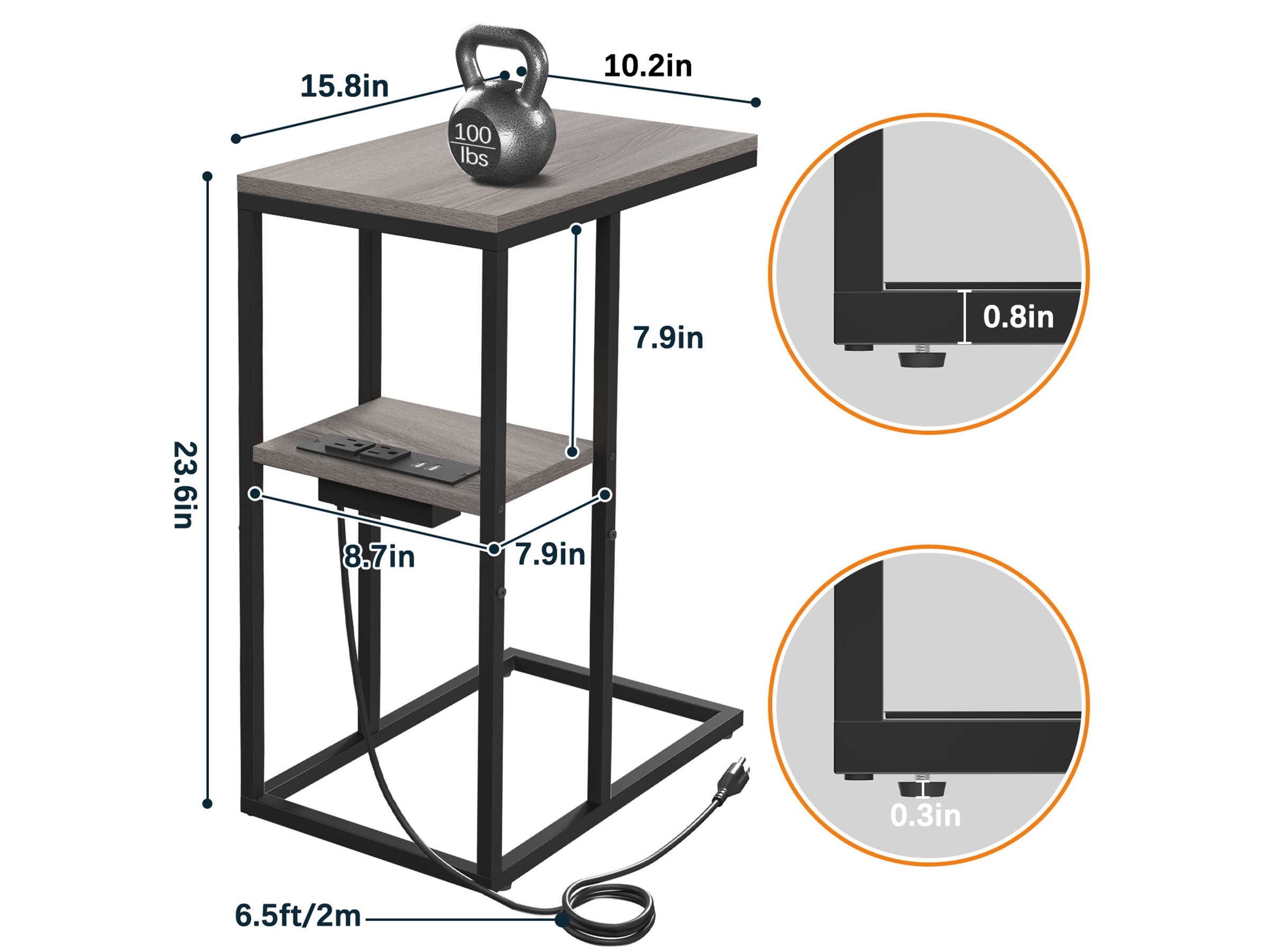 light grey Yoobure C Shaped End Table with Charging Station