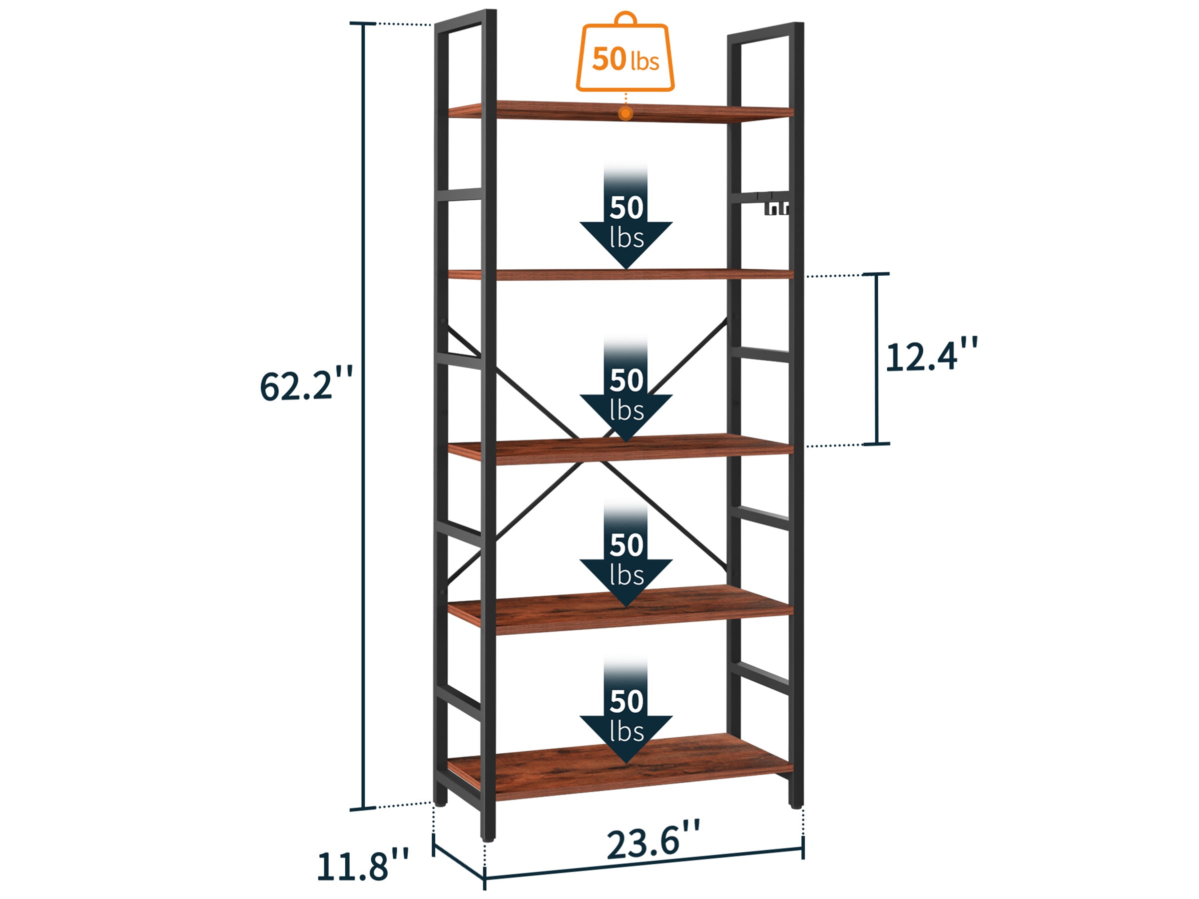 Berry-brown Yoobure 5-Tier Tall Bookshelf, built with durable wood and a sturdy metal frame