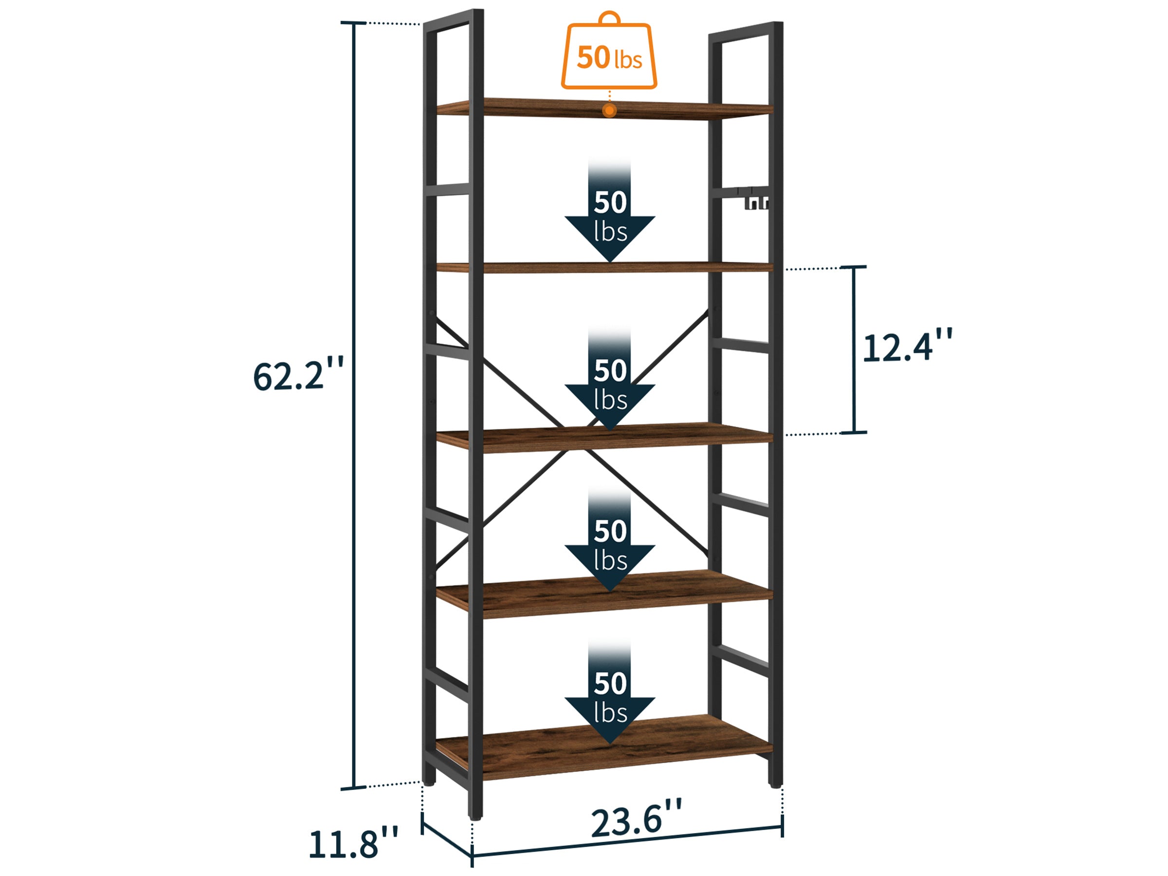 Dark-brown Yoobure 5-Tier Tall Bookshelf, built with durable wood and a sturdy metal frame