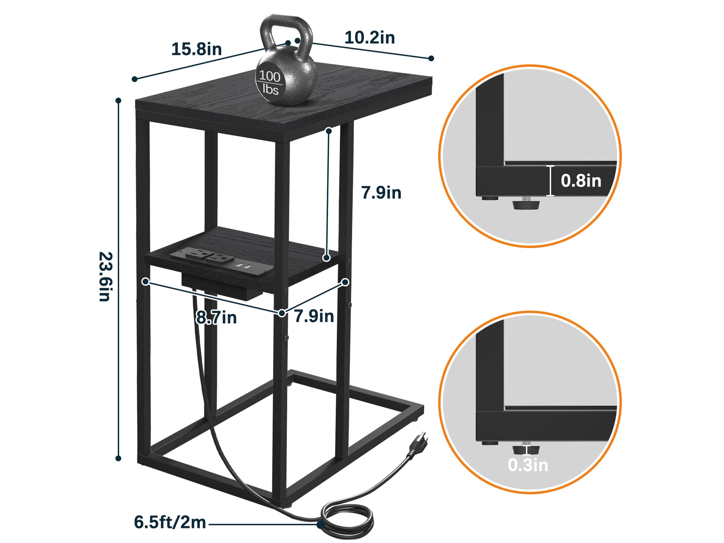 Black Yoobure C Shaped End Table with Charging Station