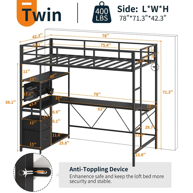 Yoobure Loft Bed Twin Size with Desk