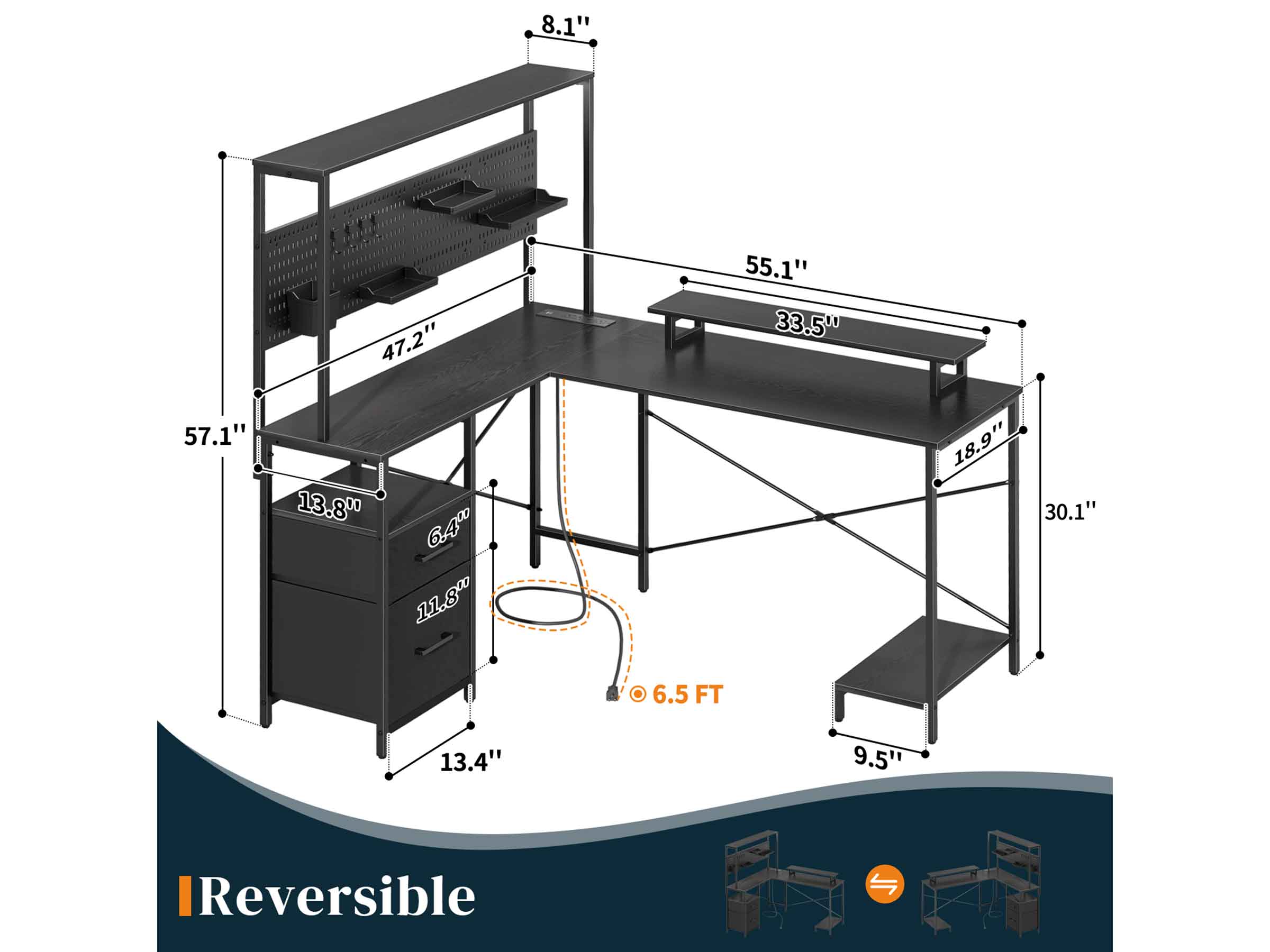 Black Yoobure L Shaped Desk with Pegboard