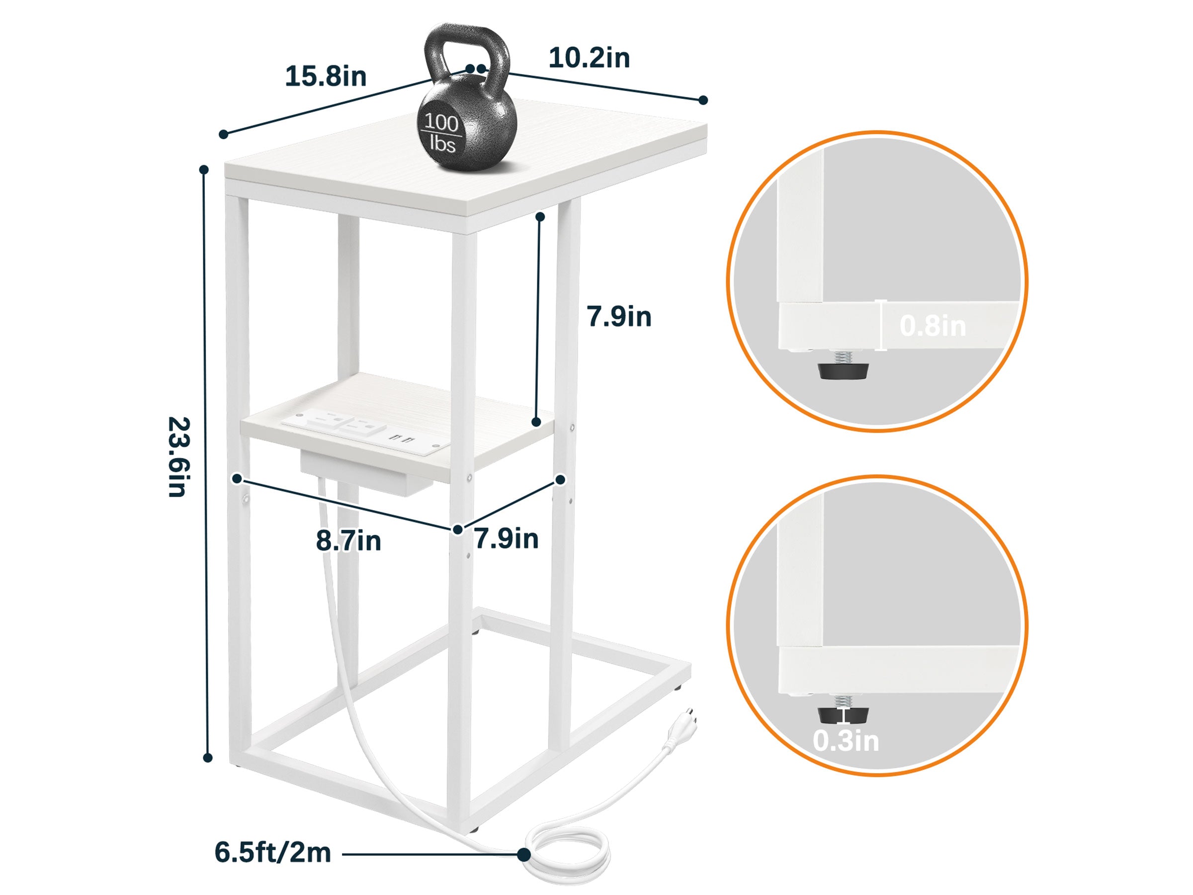 White Yoobure C Shaped End Table with Charging Station