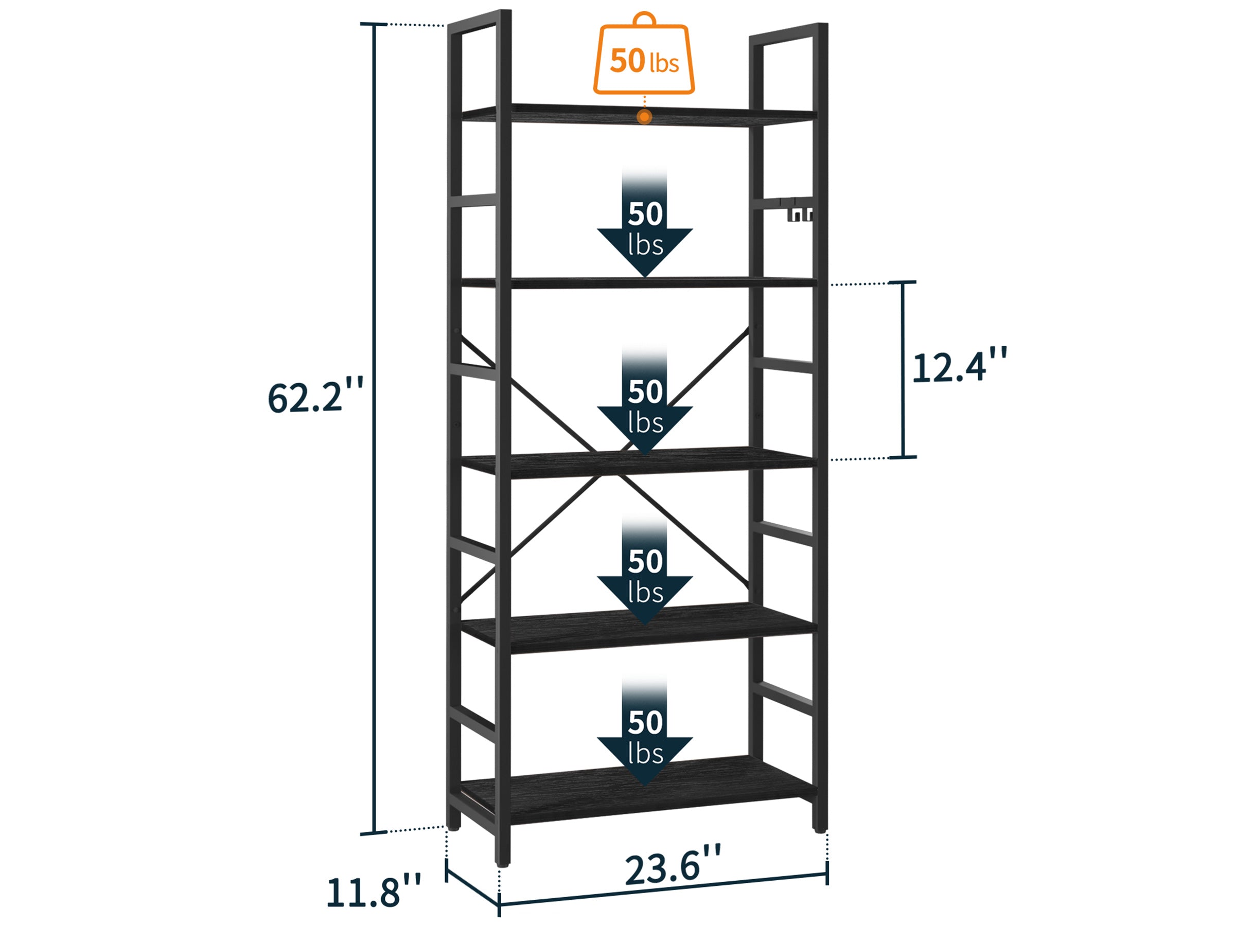 Black Yoobure 5-Tier Tall Bookshelf, built with durable wood and a sturdy metal frame