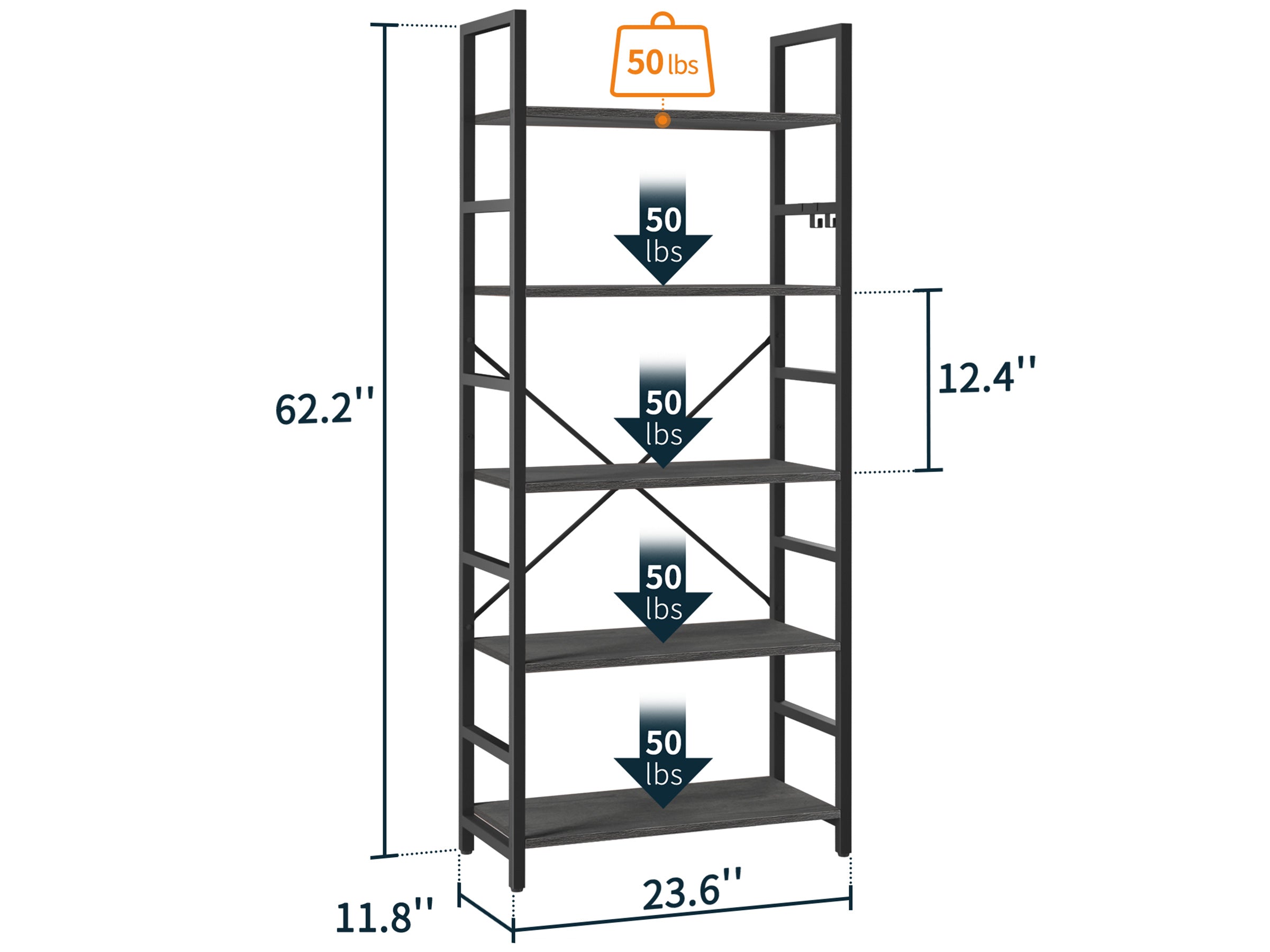 Dark-grey Yoobure 5-Tier Tall Bookshelf, built with durable wood and a sturdy metal frame