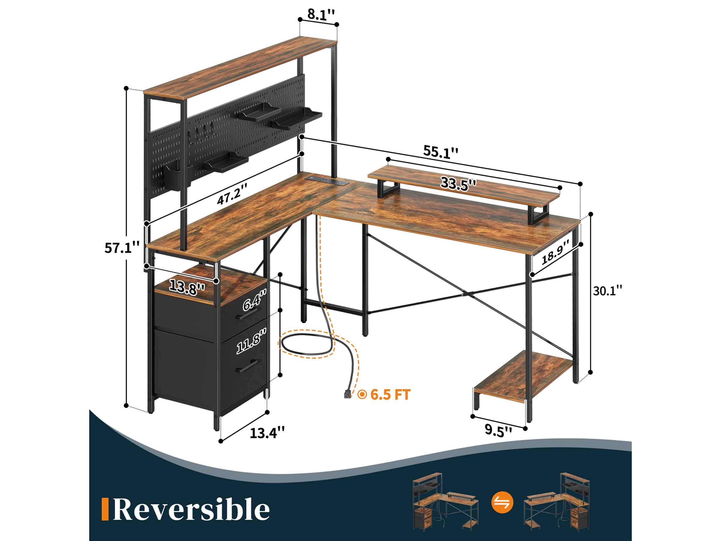 Brown Yoobure L Shaped Desk with Pegboard