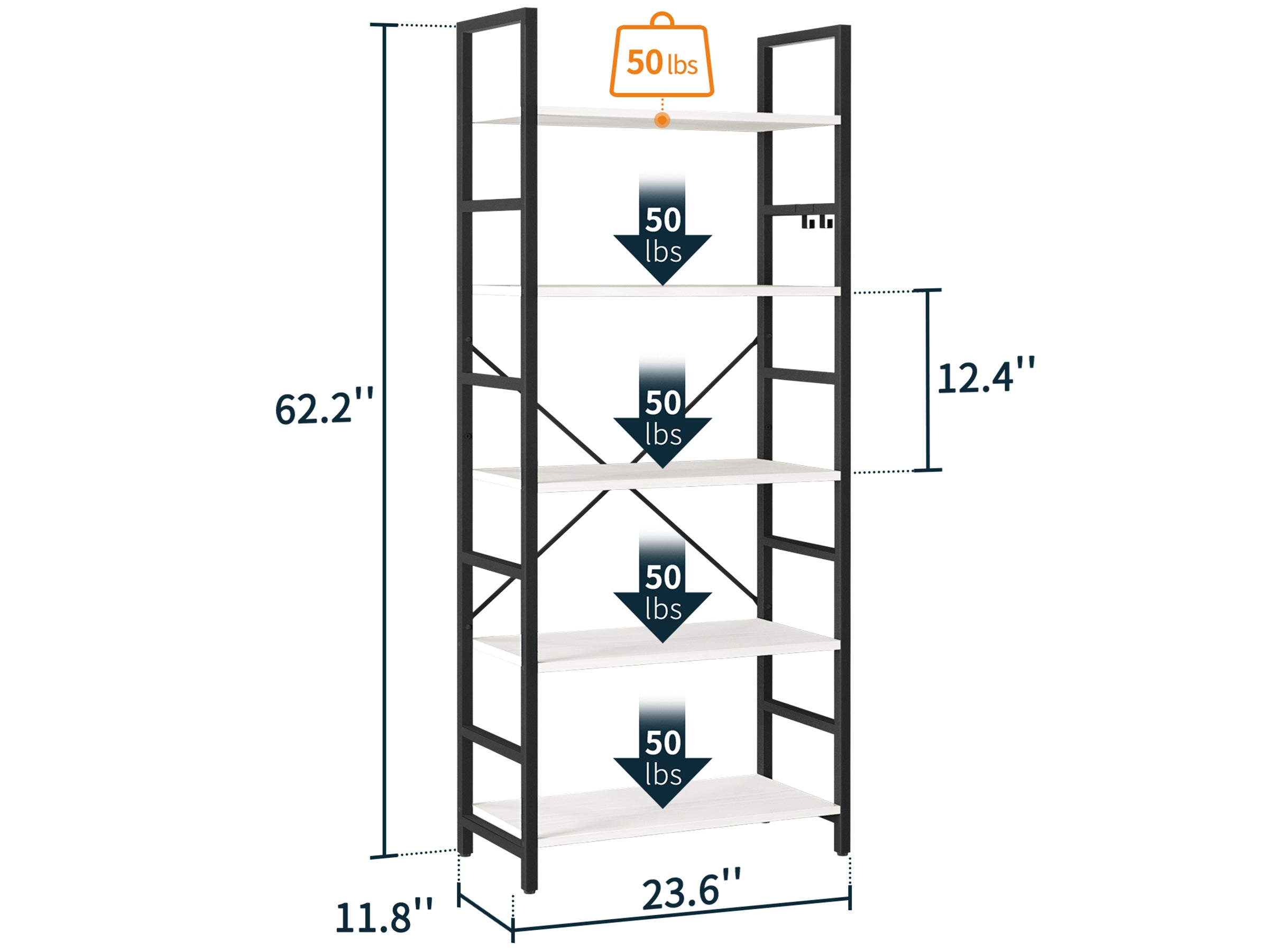 White Yoobure 5-Tier Tall Bookshelf, built with durable wood and a sturdy metal frame