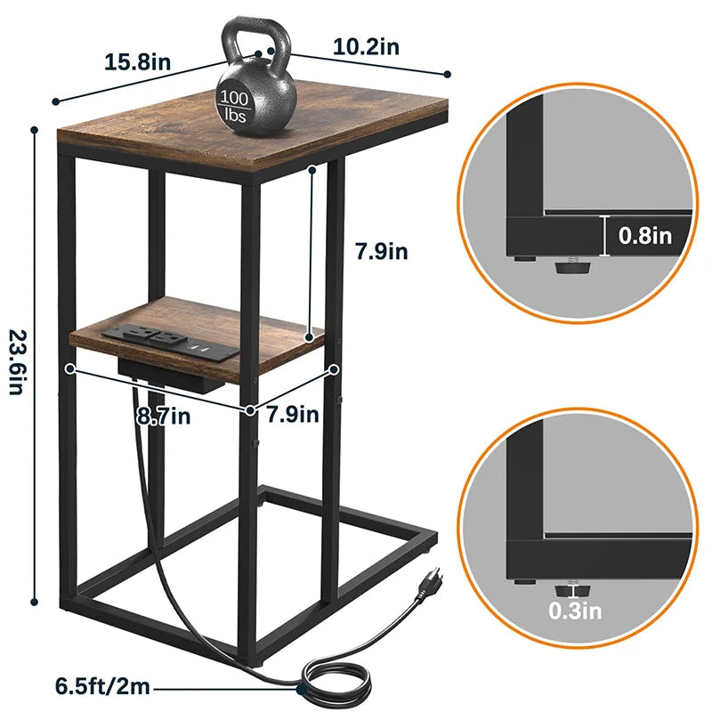 Yoobure C Shaped End Table with Charging Station