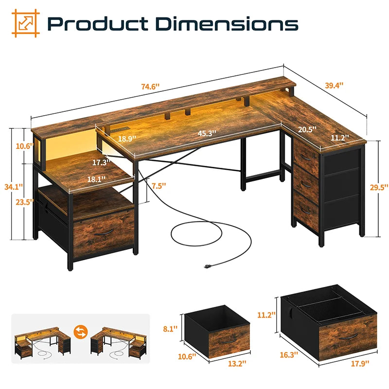 Yoobure 75 Inch Reversible Computer Desk with Storage File Cabinet &amp; Printer Stand