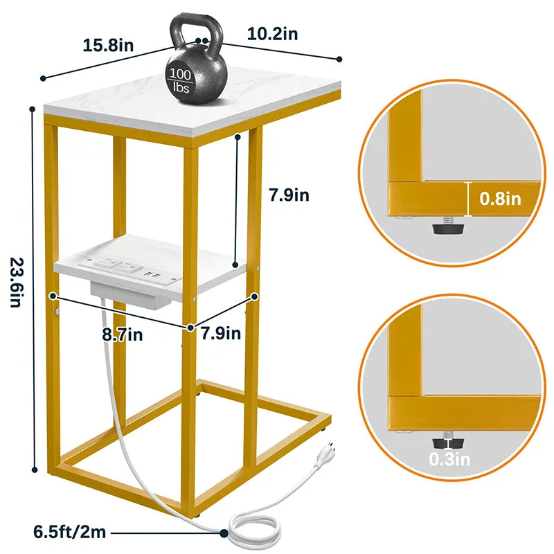 Yoobure C Shaped End Table with Charging Station