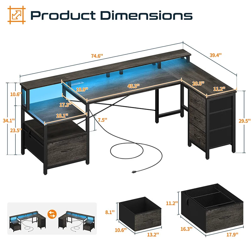 Yoobure 75 Inch Reversible Computer Desk with Storage File Cabinet &amp; Printer Stand