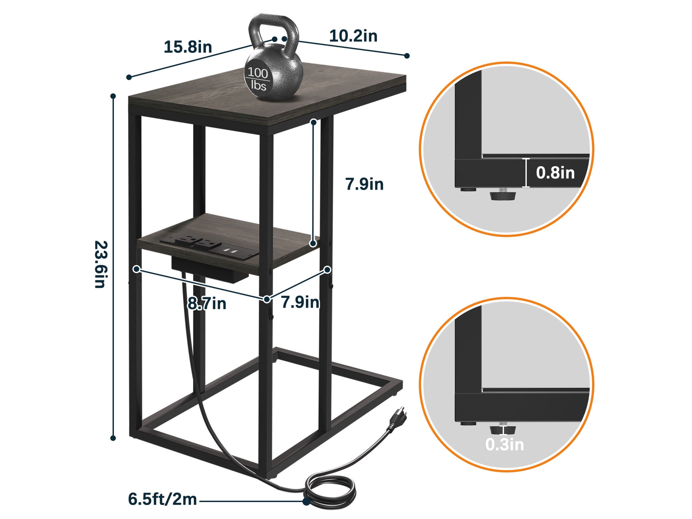 Dark grey Yoobure C Shaped End Table with Charging Station