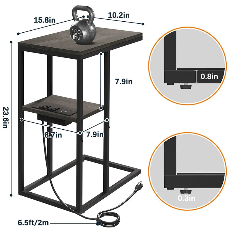 Yoobure C Shaped End Table with Charging Station