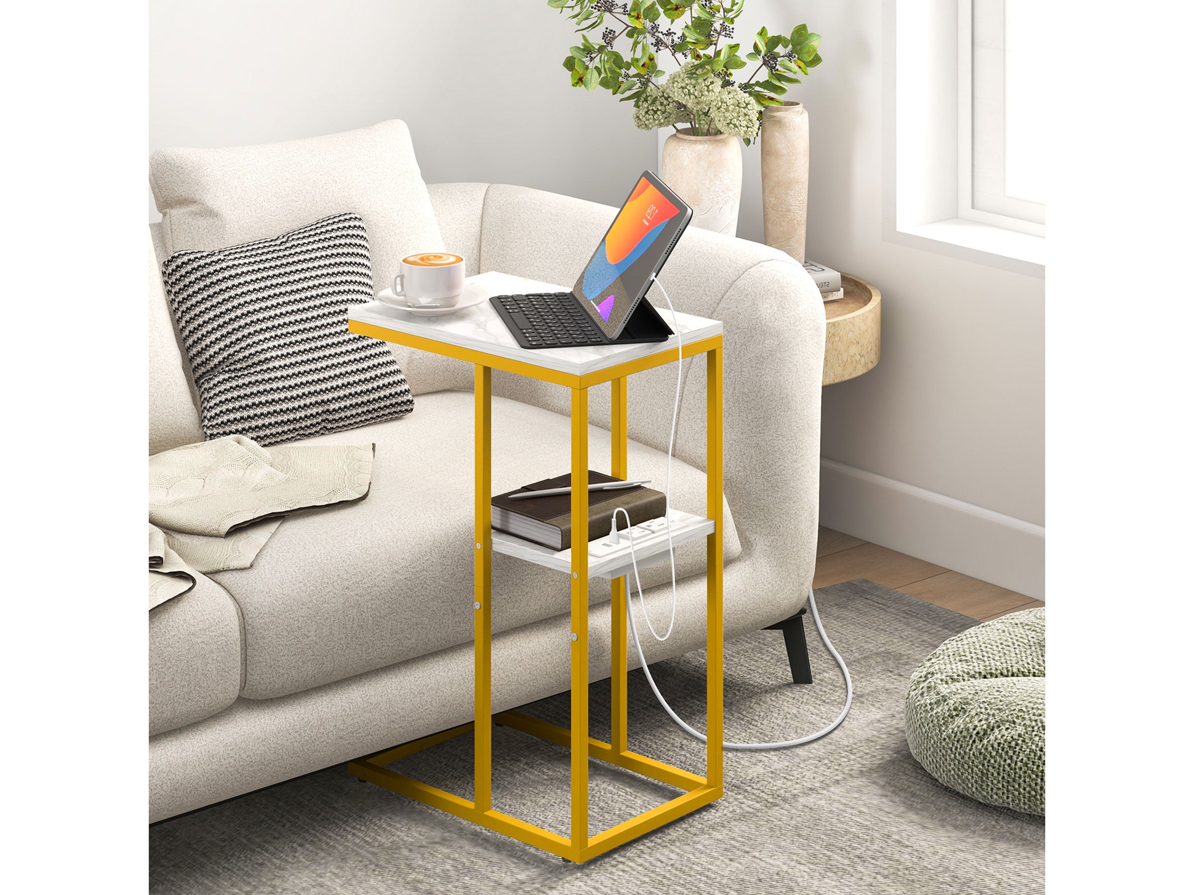 Marble White Yoobure C Shaped End Table with Charging Station