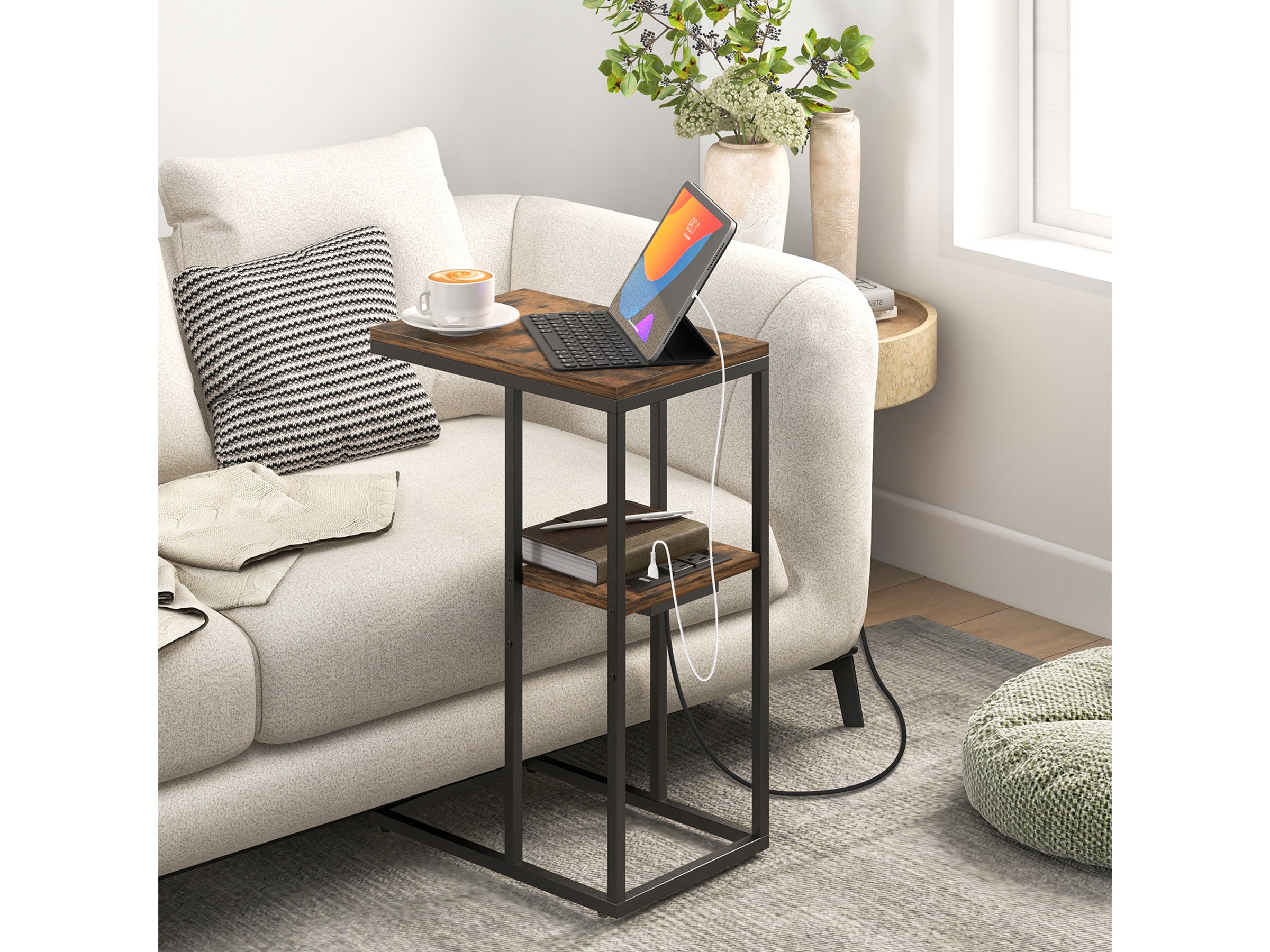 Dark brown Yoobure C Shaped End Table with Charging Station