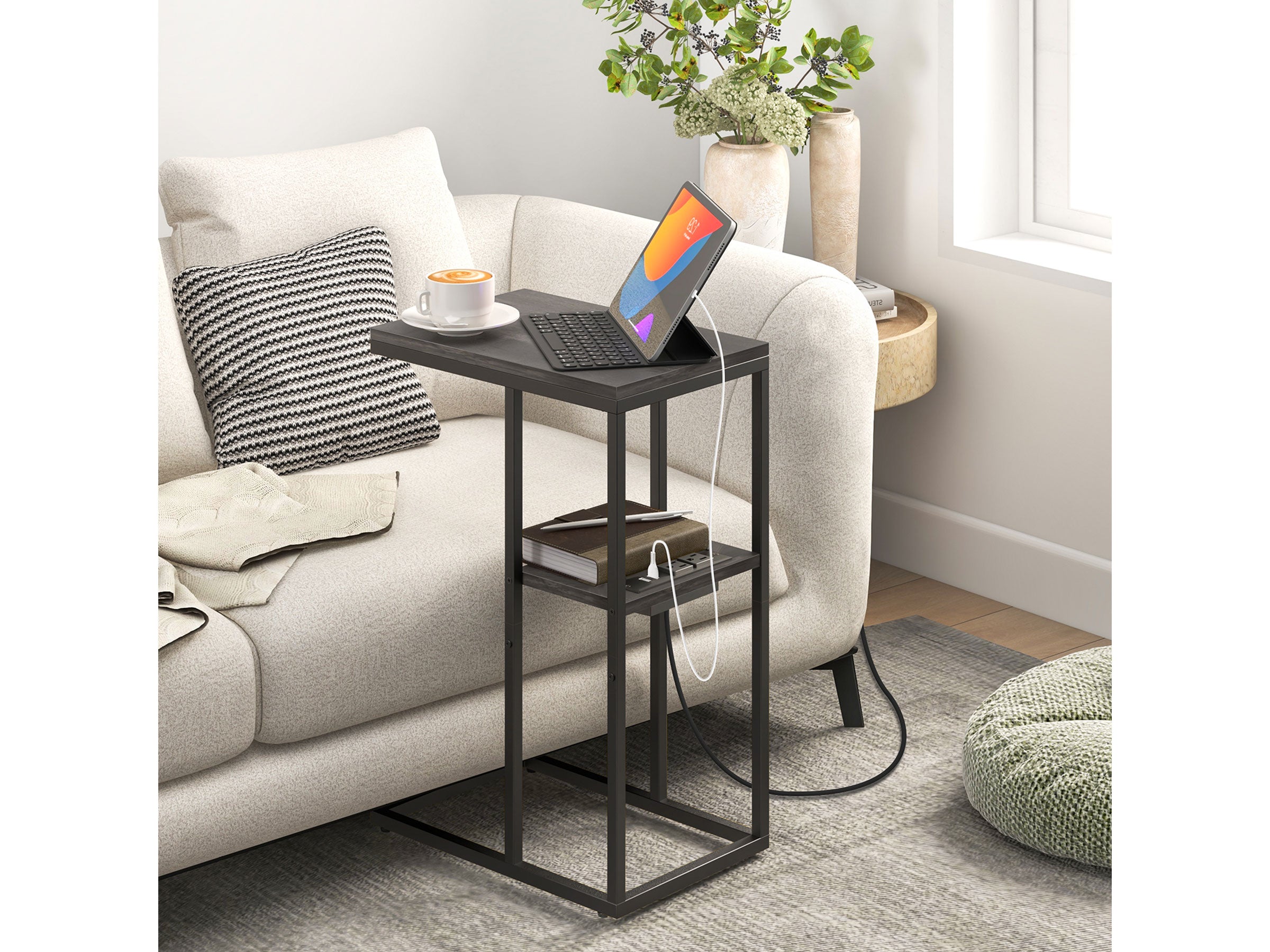 Dark grey Yoobure C Shaped End Table with Charging Station