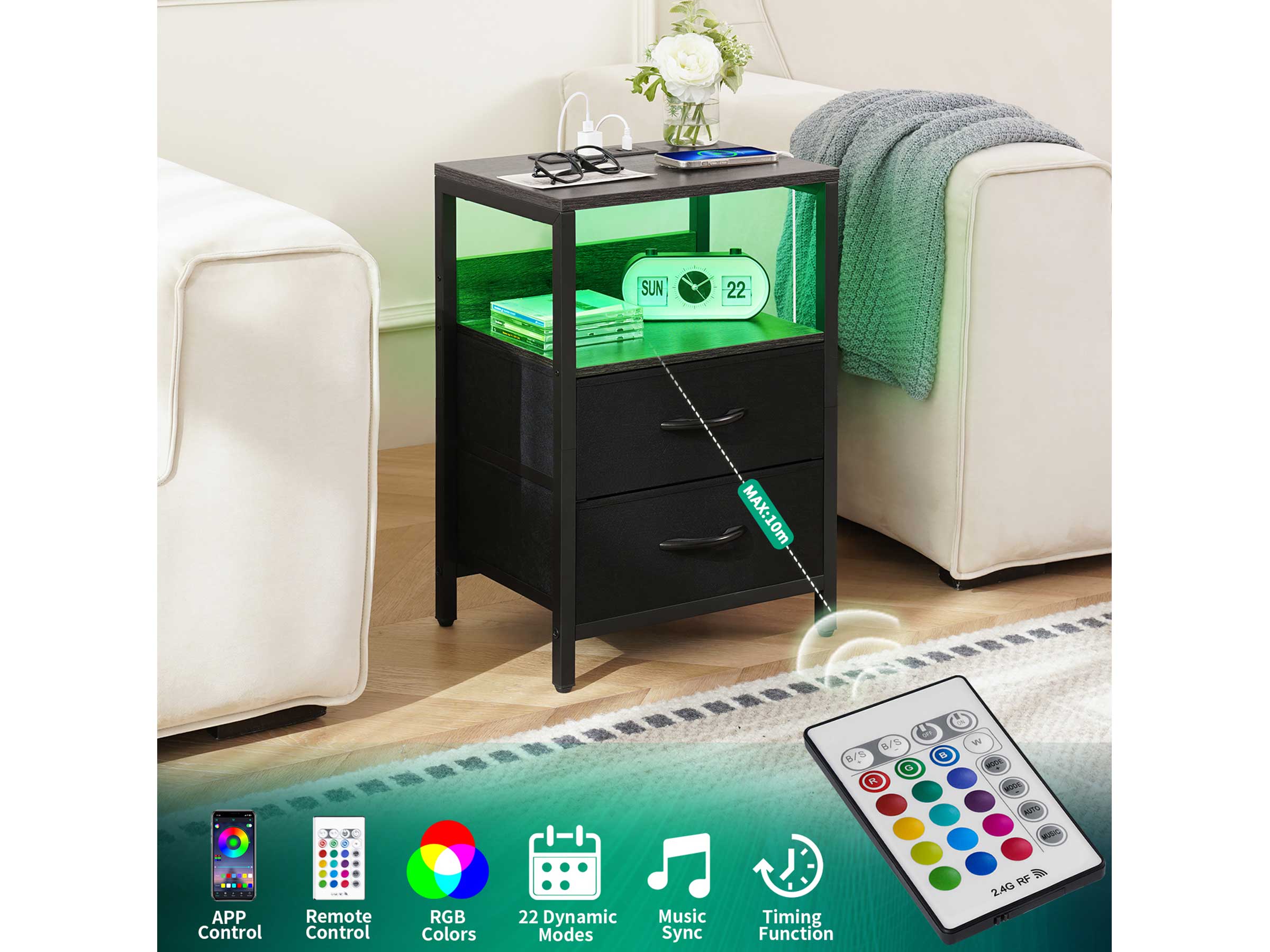 Yoobure 2-Drawer Nightstand with LED