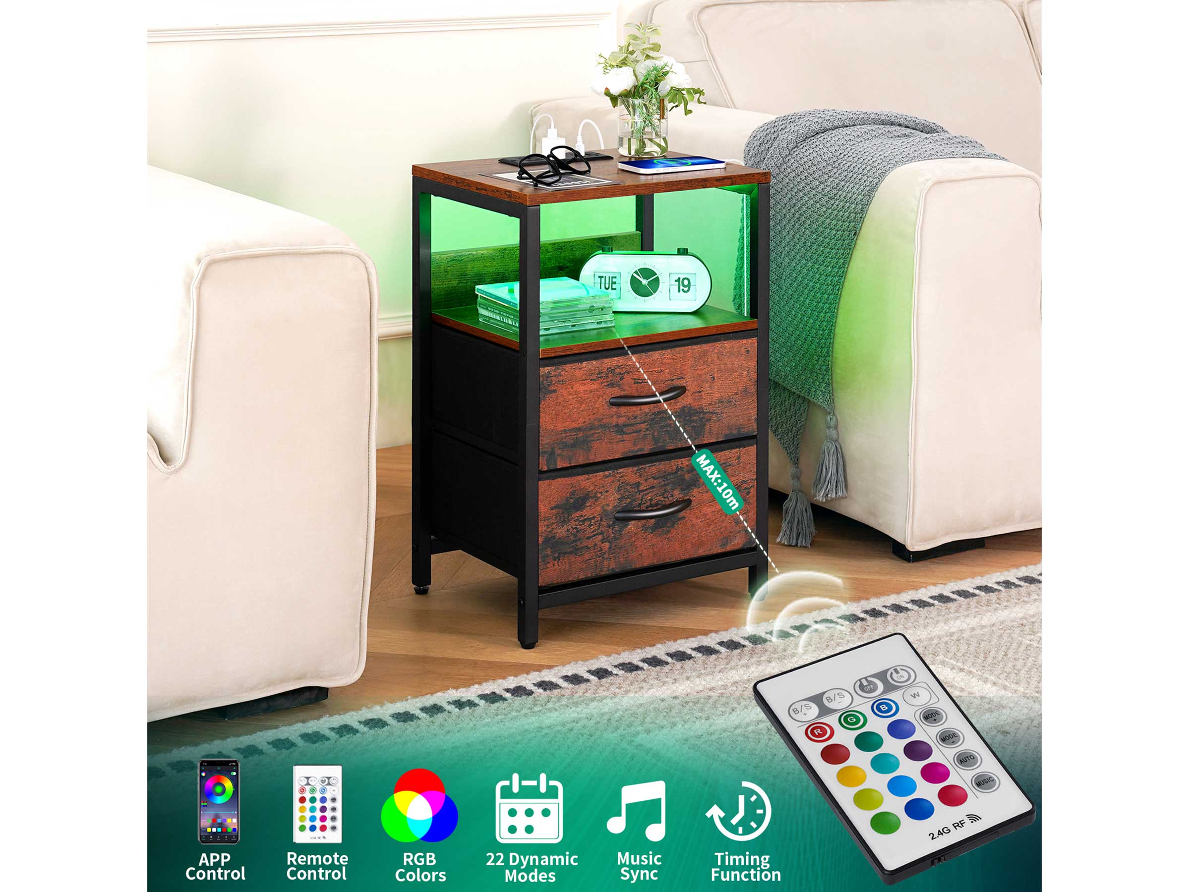 Yoobure 2-Drawer Nightstand with LED