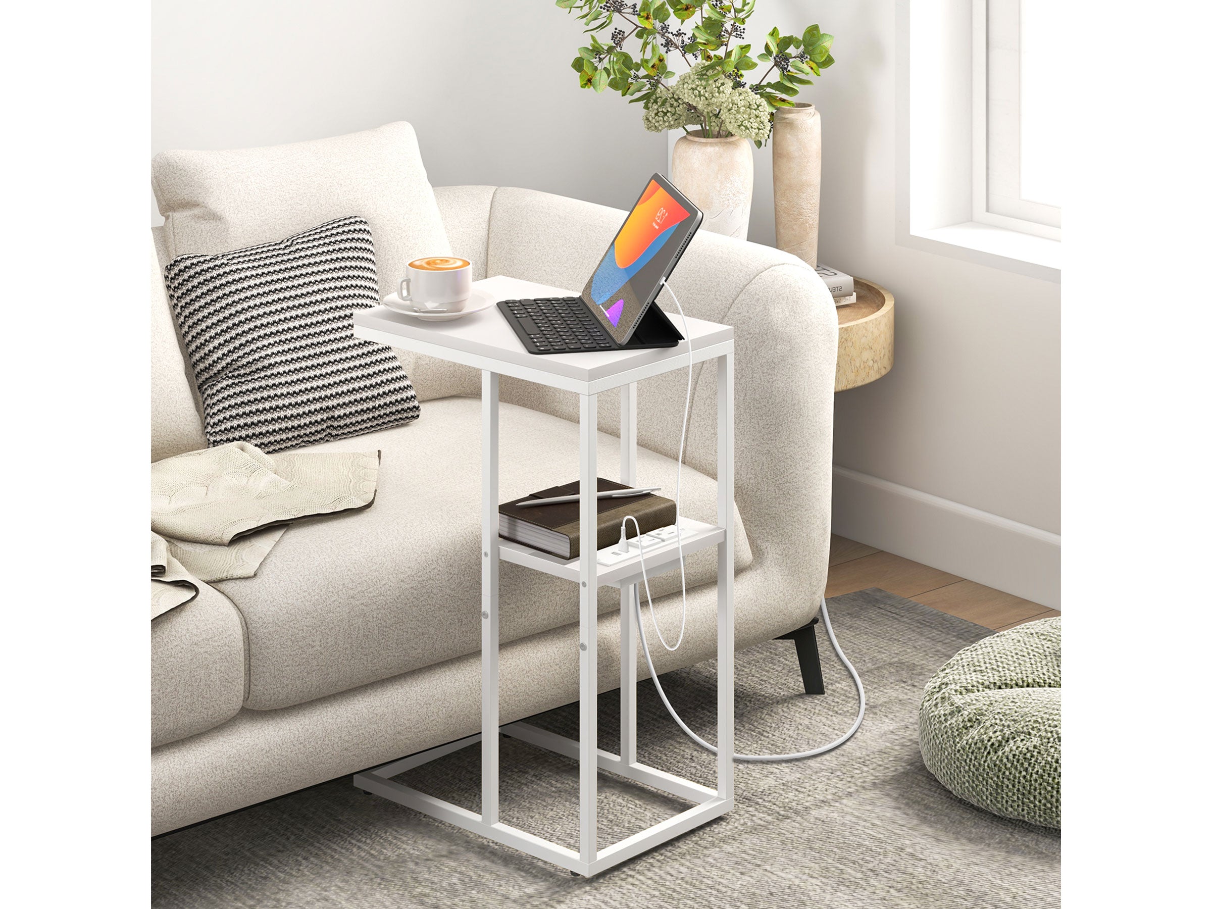 White Yoobure C Shaped End Table with Charging Station