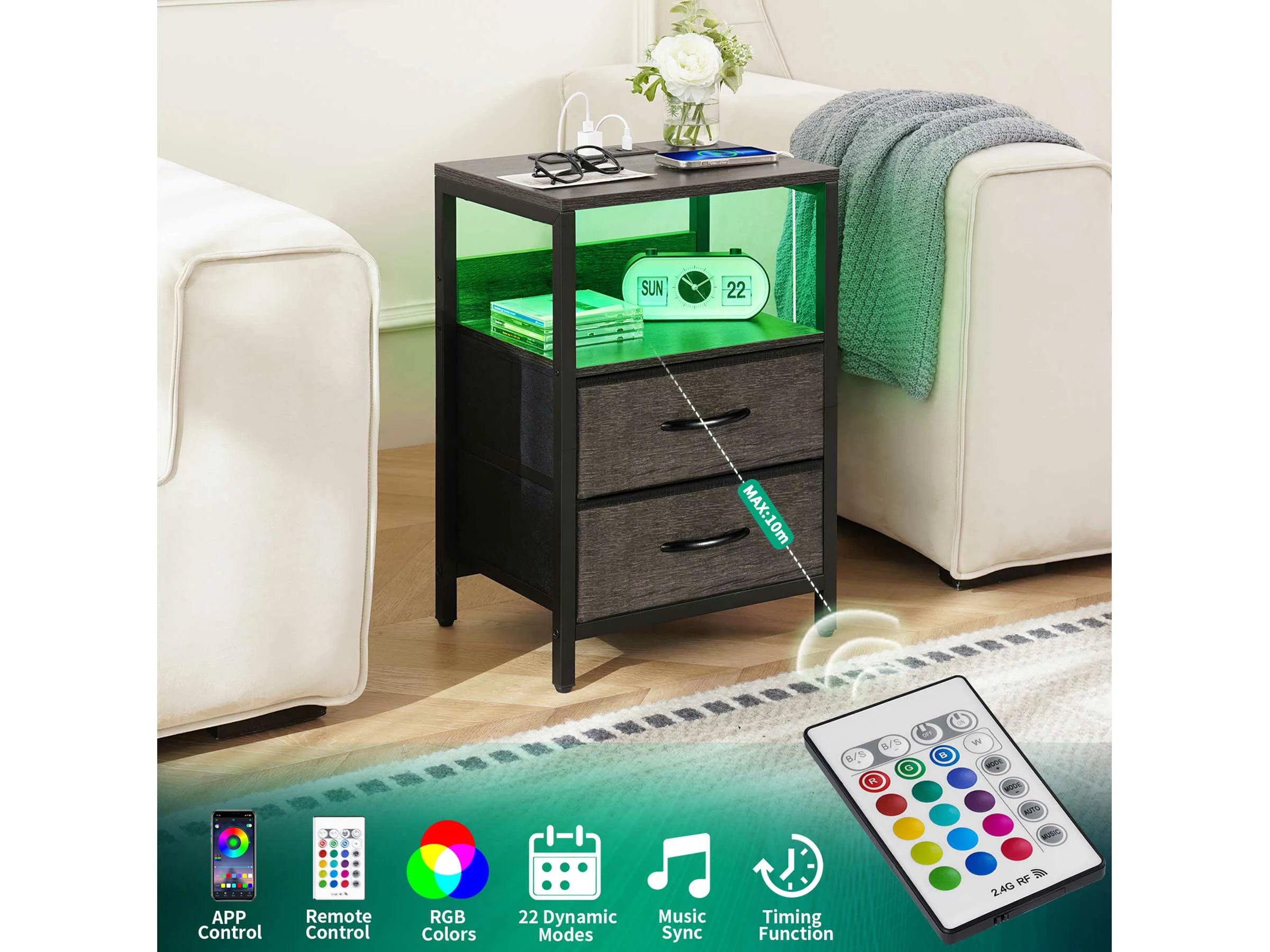 Yoobure 2-Drawers Nightstand with LED