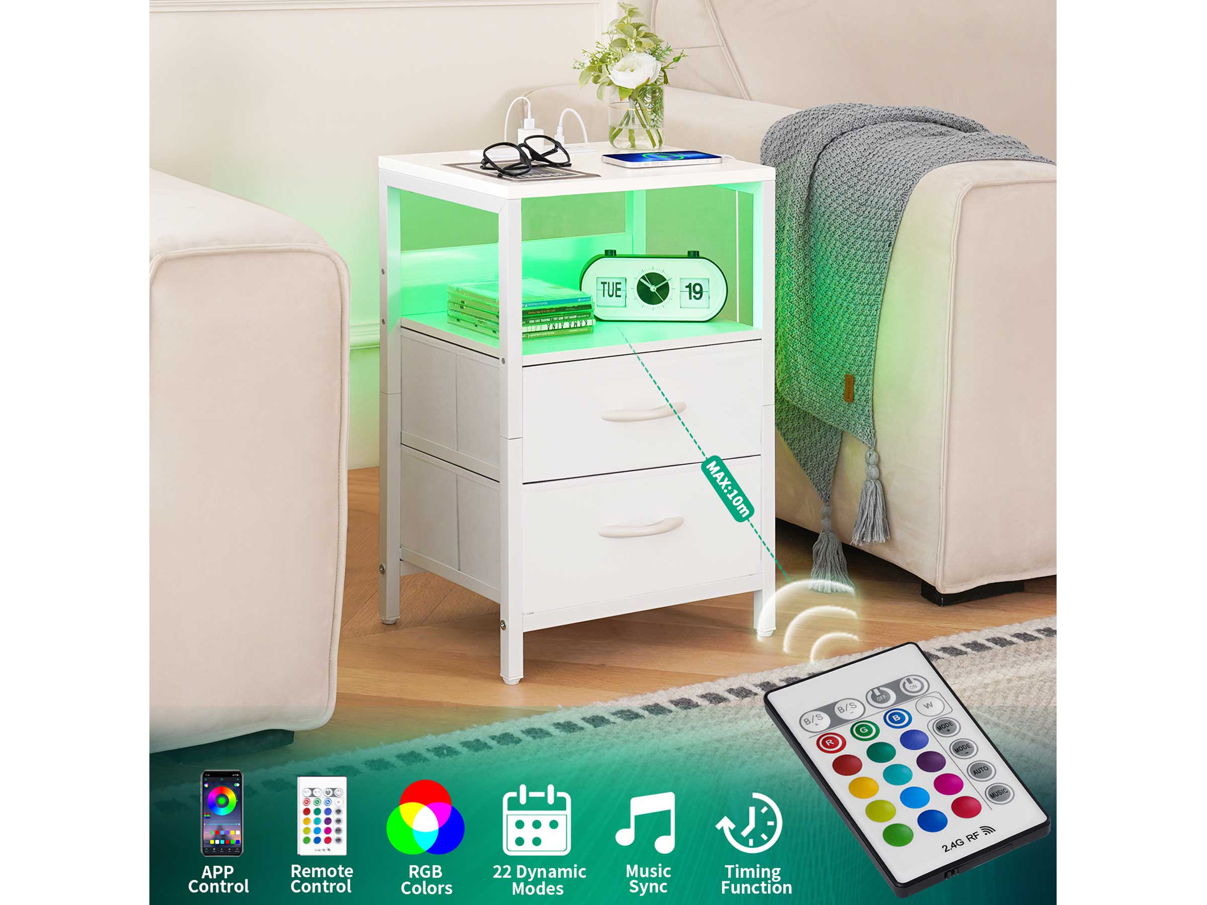 Yoobure 2-Drawer Nightstand with LED