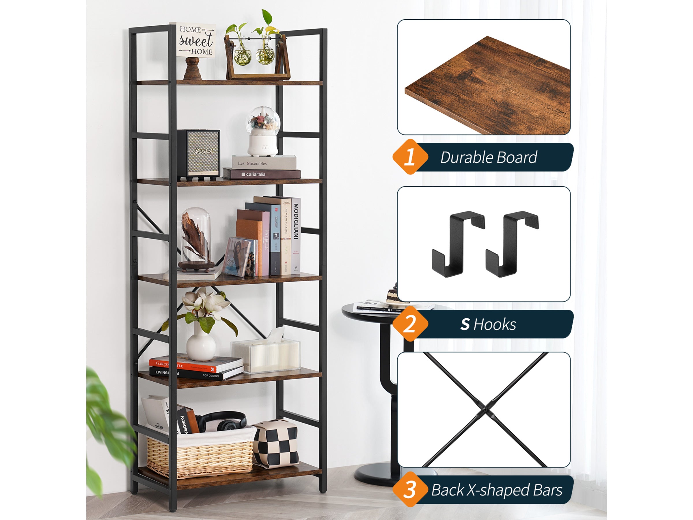 Dark-brown Yoobure 5-Tier Tall Bookshelf, built with durable wood and a sturdy metal frame