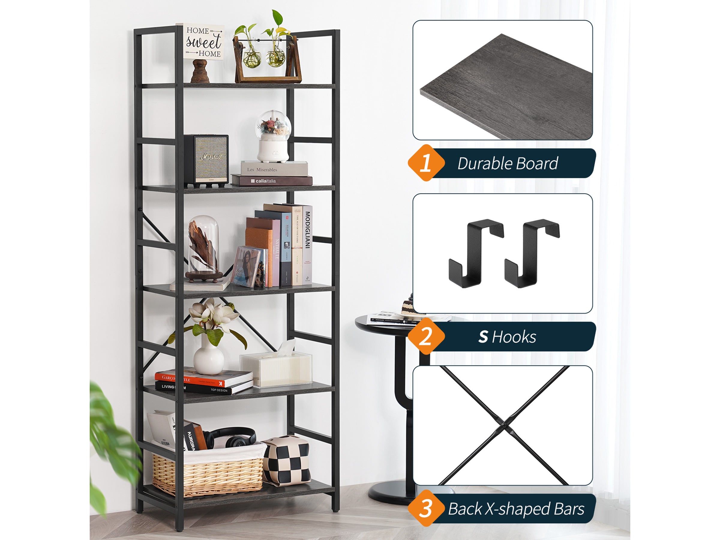 Dark-grey Yoobure 5-Tier Tall Bookshelf, built with durable wood and a sturdy metal frame