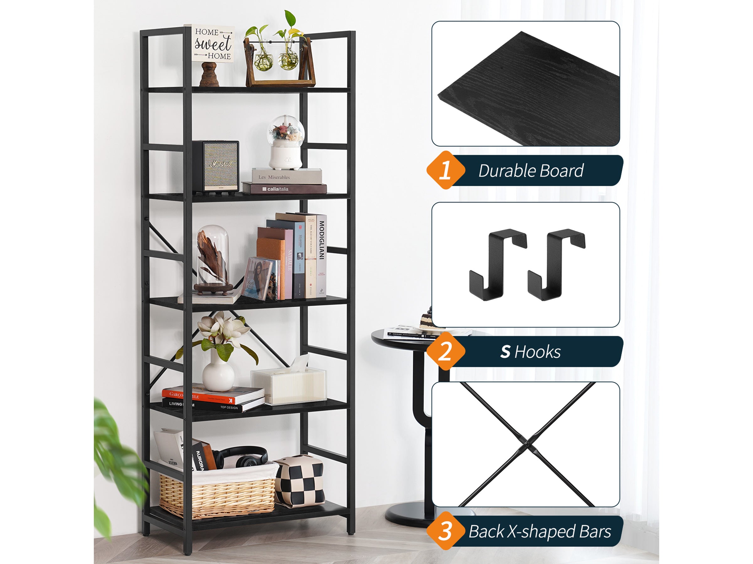 Black Yoobure 5-Tier Tall Bookshelf, built with durable wood and a sturdy metal frame