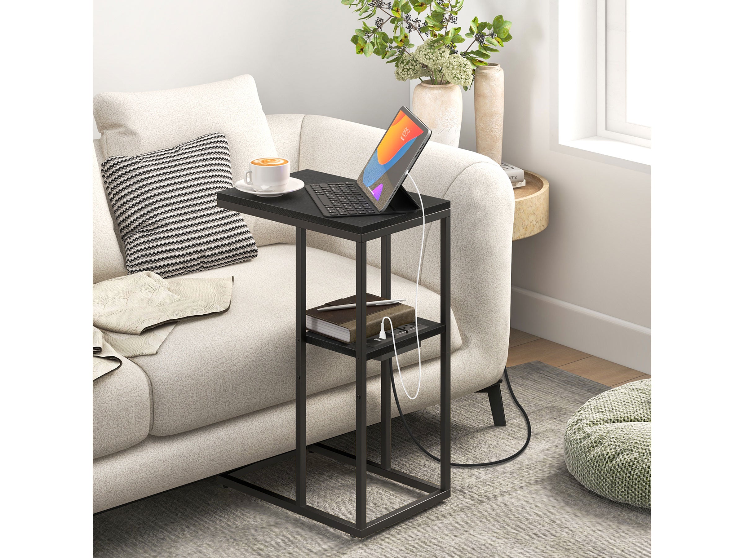 Black Yoobure C Shaped End Table with Charging Station