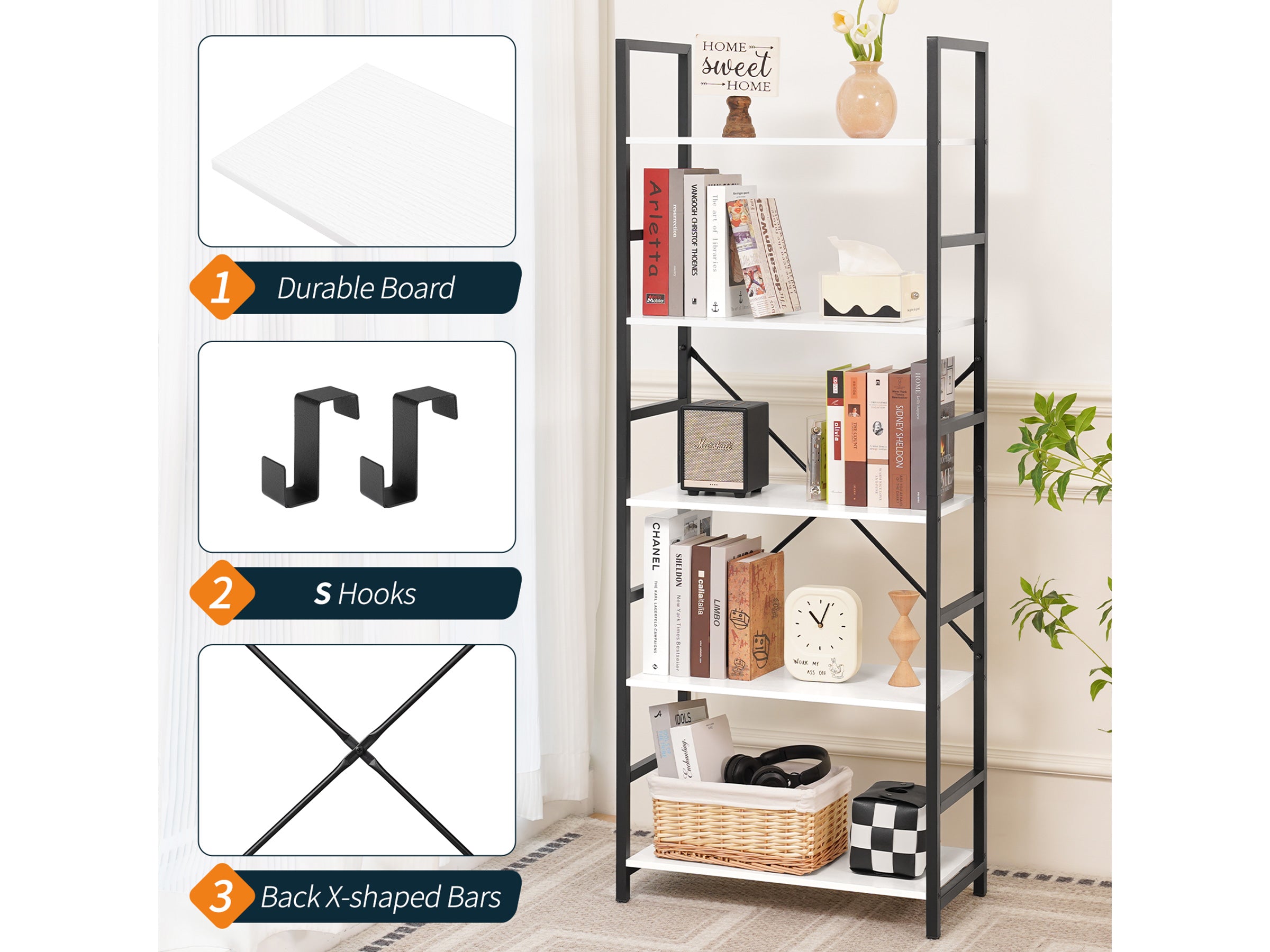 White Yoobure 5-Tier Tall Bookshelf, built with durable wood and a sturdy metal frame