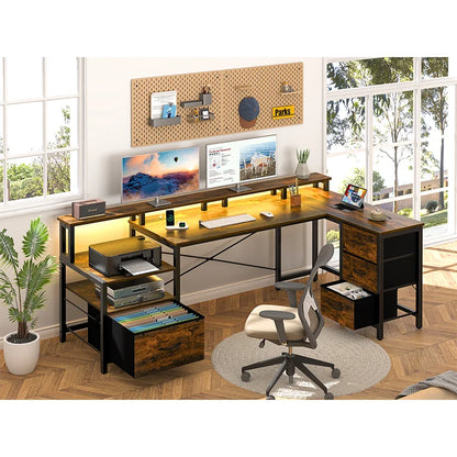 Yoobure 75 Inch Reversible Computer Desk with Storage File Cabinet &amp; Printer Stand