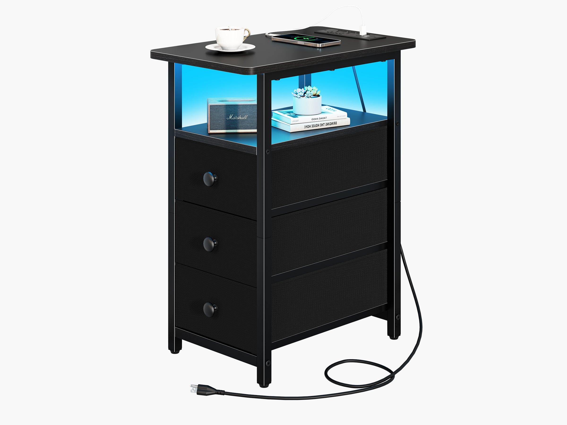 Black Yoobure 3-Drawer Narrow End Table with Charging Station