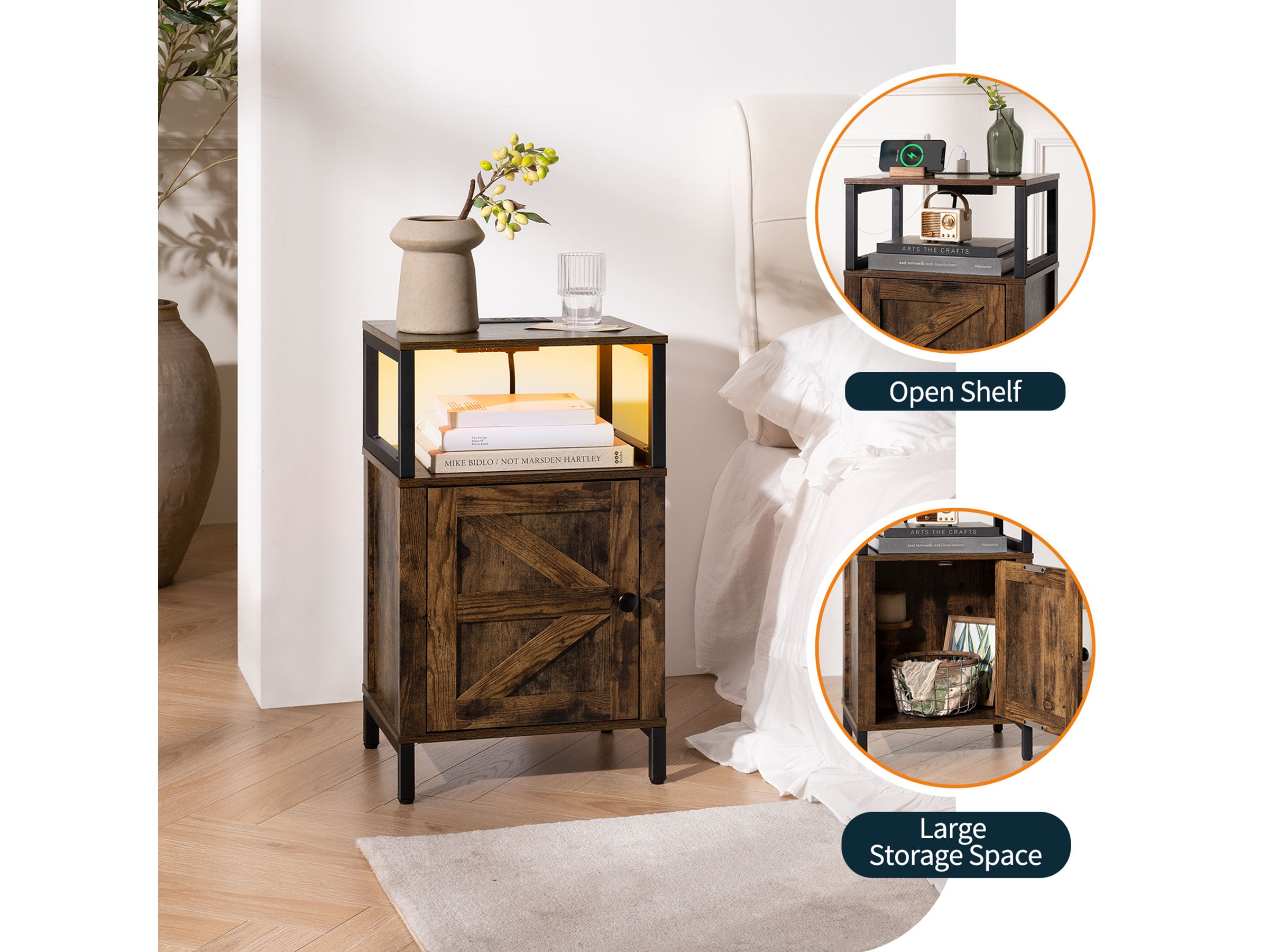 Yoobure Farmhouse Nightstand with Charging Station